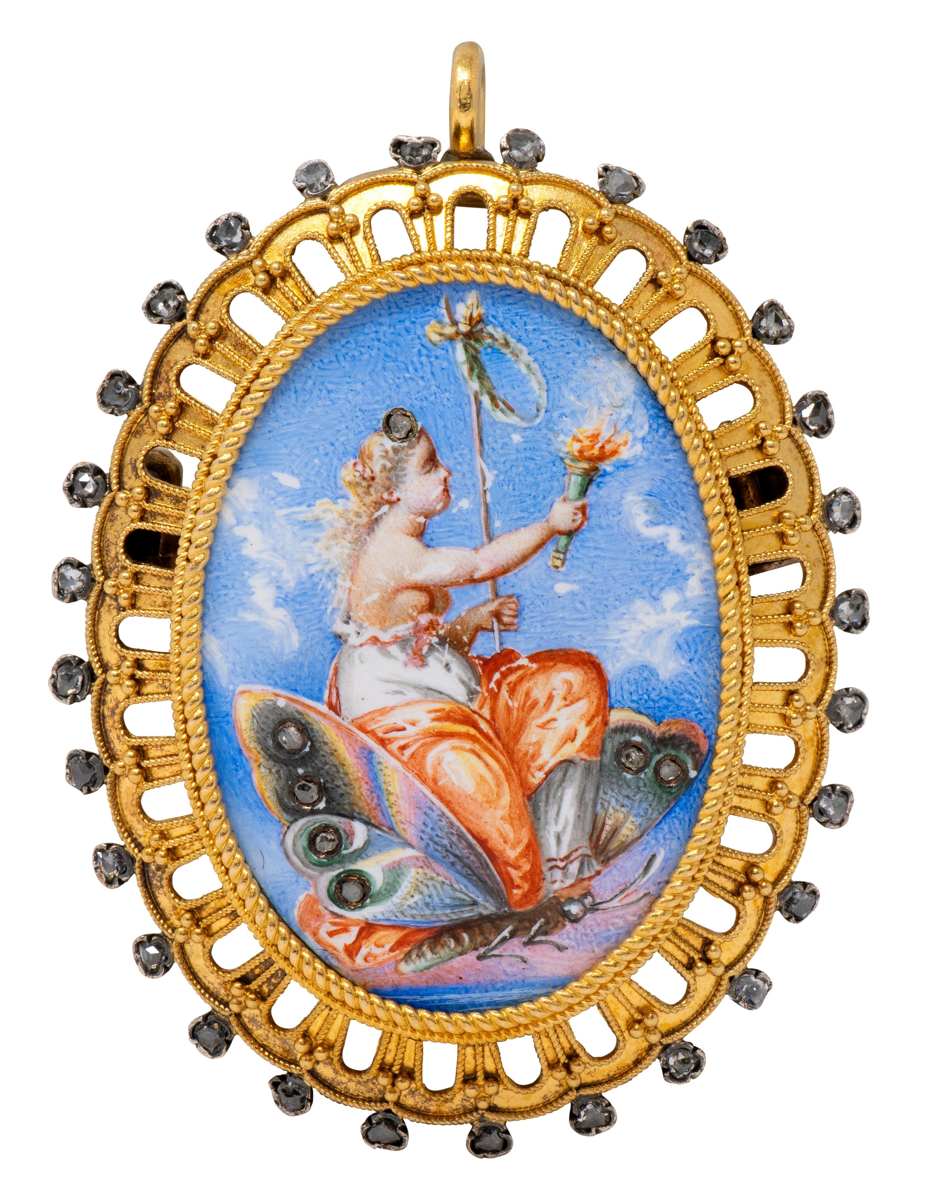 Victorian Diamond Enamel 18K Antique Psyche Portrait Locket Pendant Brooch