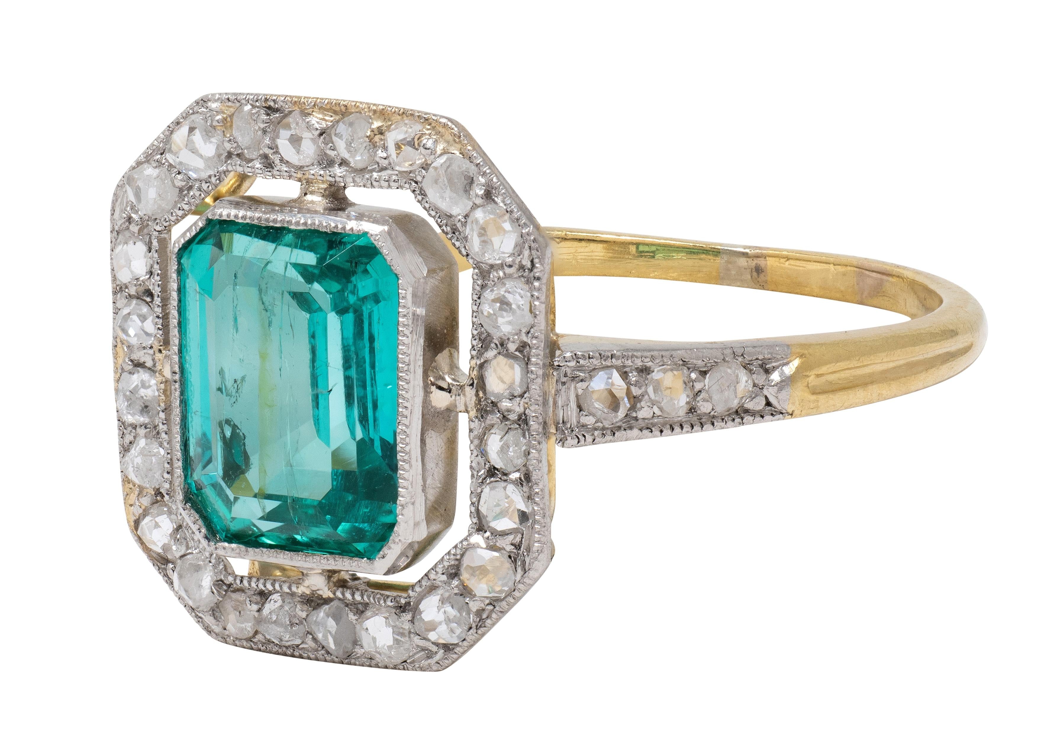 Art Deco 1.67 CTW Colombian Emerald Diamond Platinum 18K Gold Antique Ring GIA