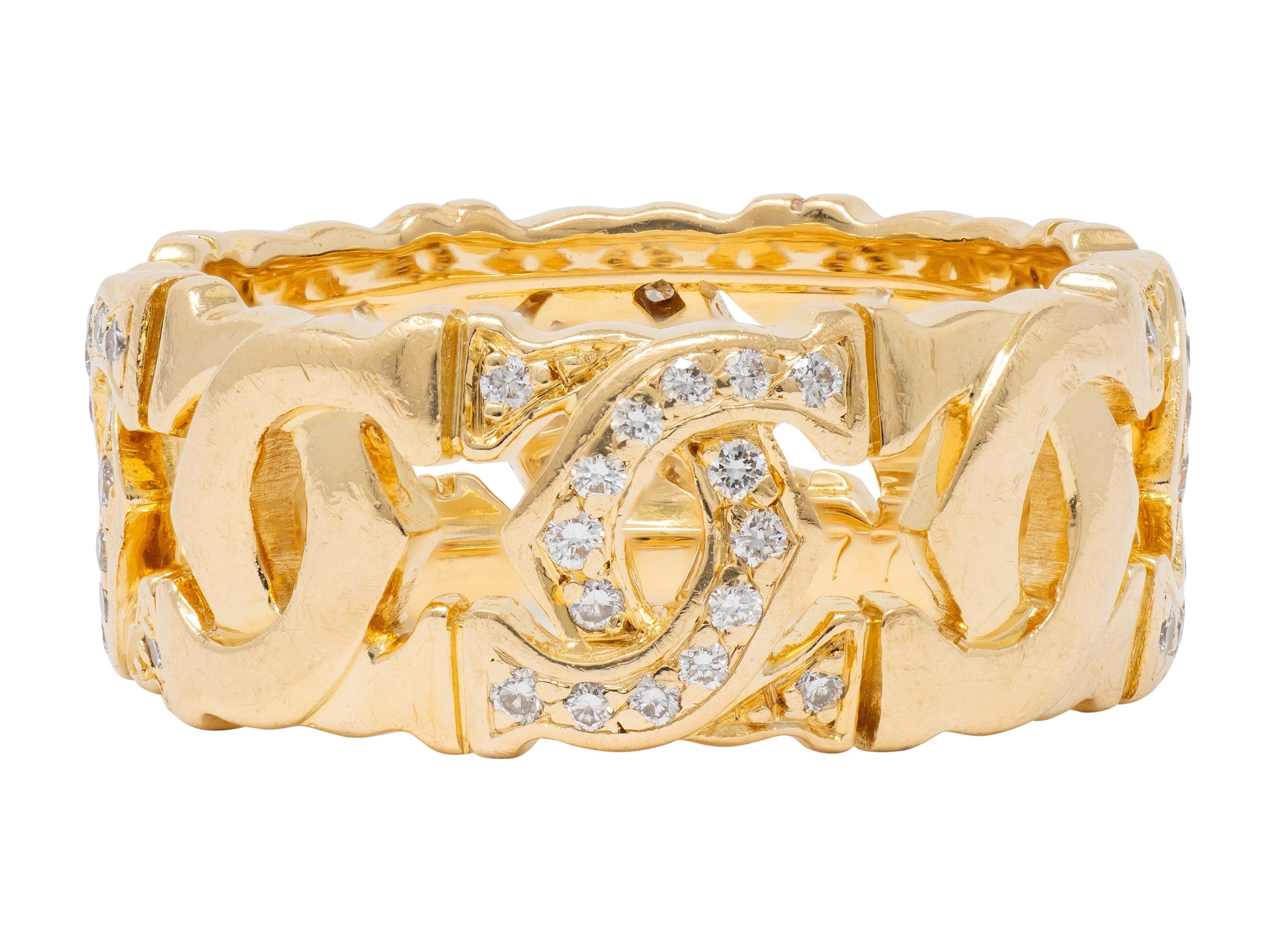 Cartier French Diamond 18K Yellow Gold Vintage Double C Entrelaces Band Ring