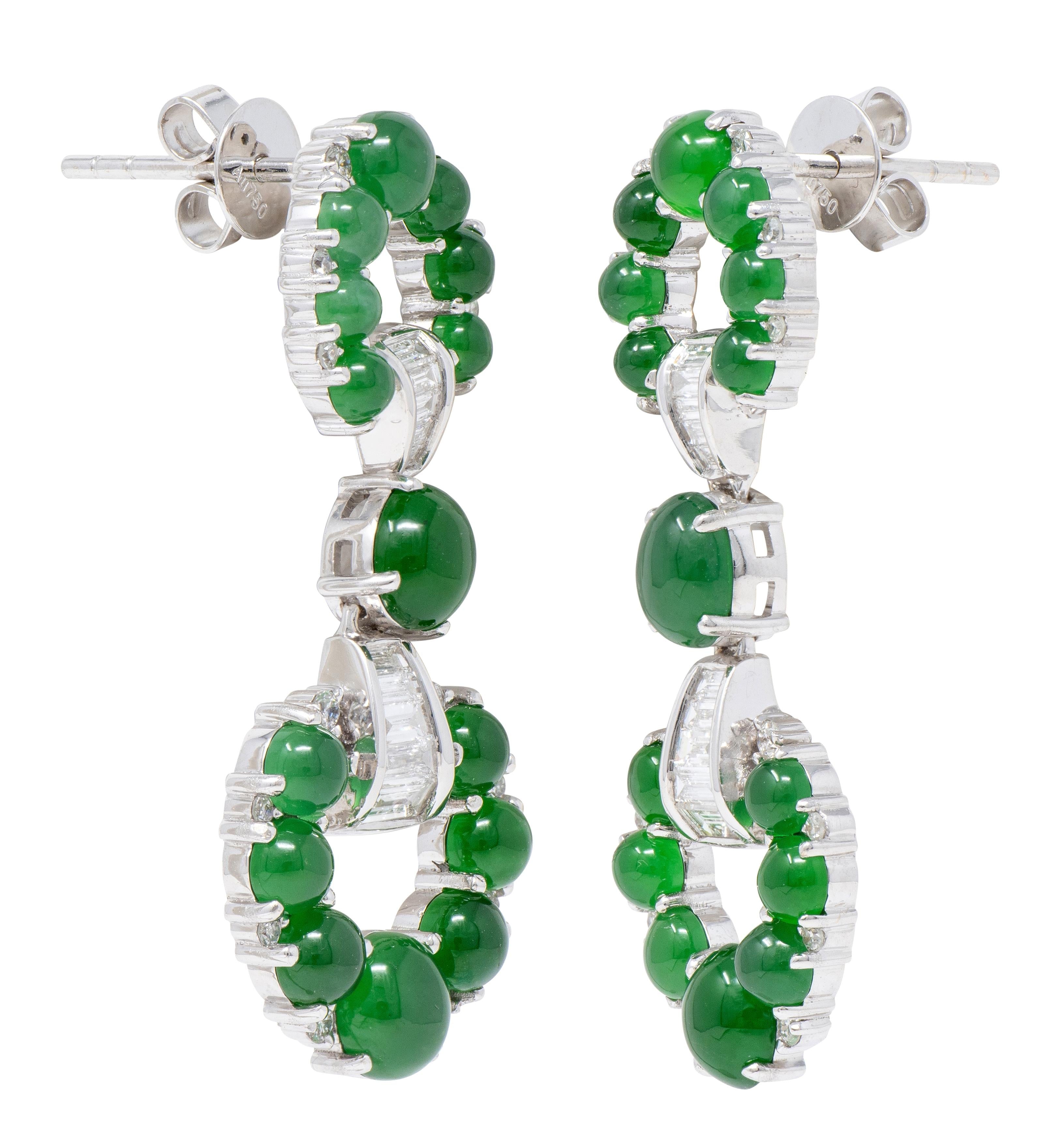 Contemporary Round Brilliant Cut Diamond Jade 18 Karat White Gold Drop Earrings