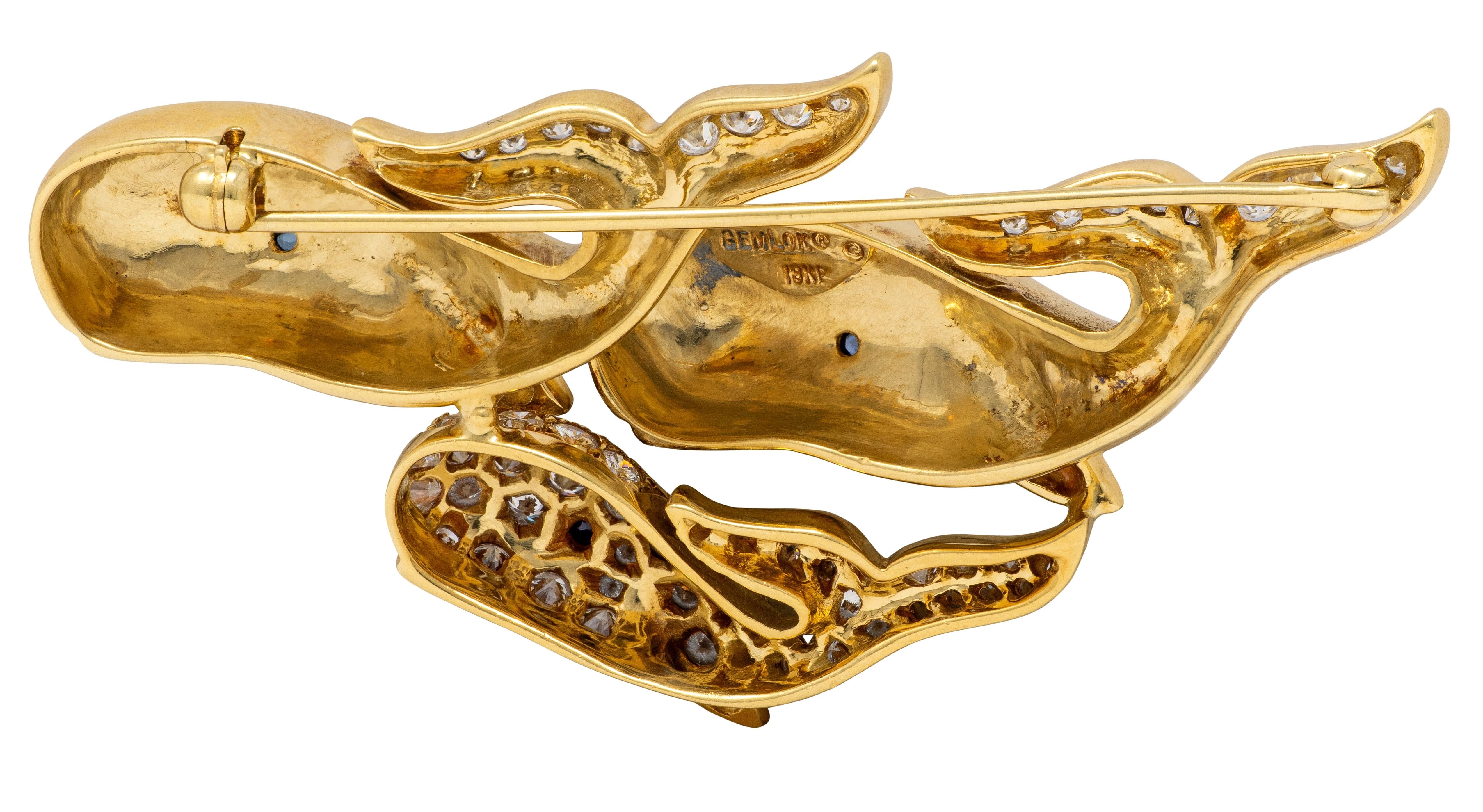 Gemlok 1990's Diamond Sapphire 18 Karat Yellow Gold Whale Pod Vintage Brooch