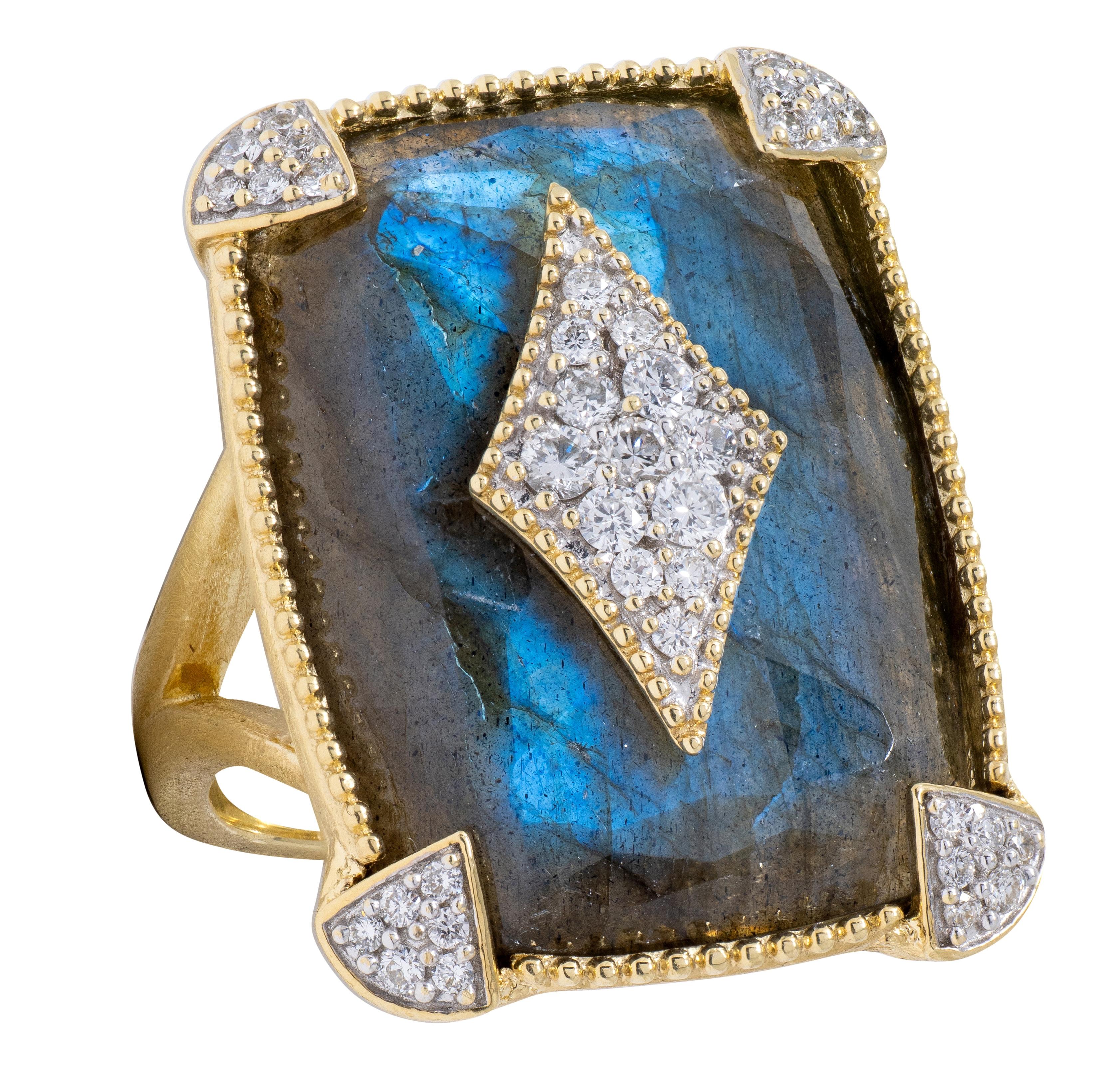Jude Frances 2010's Labradorite Diamond 18 Karat Two-Tone Gold Cocktail Ring