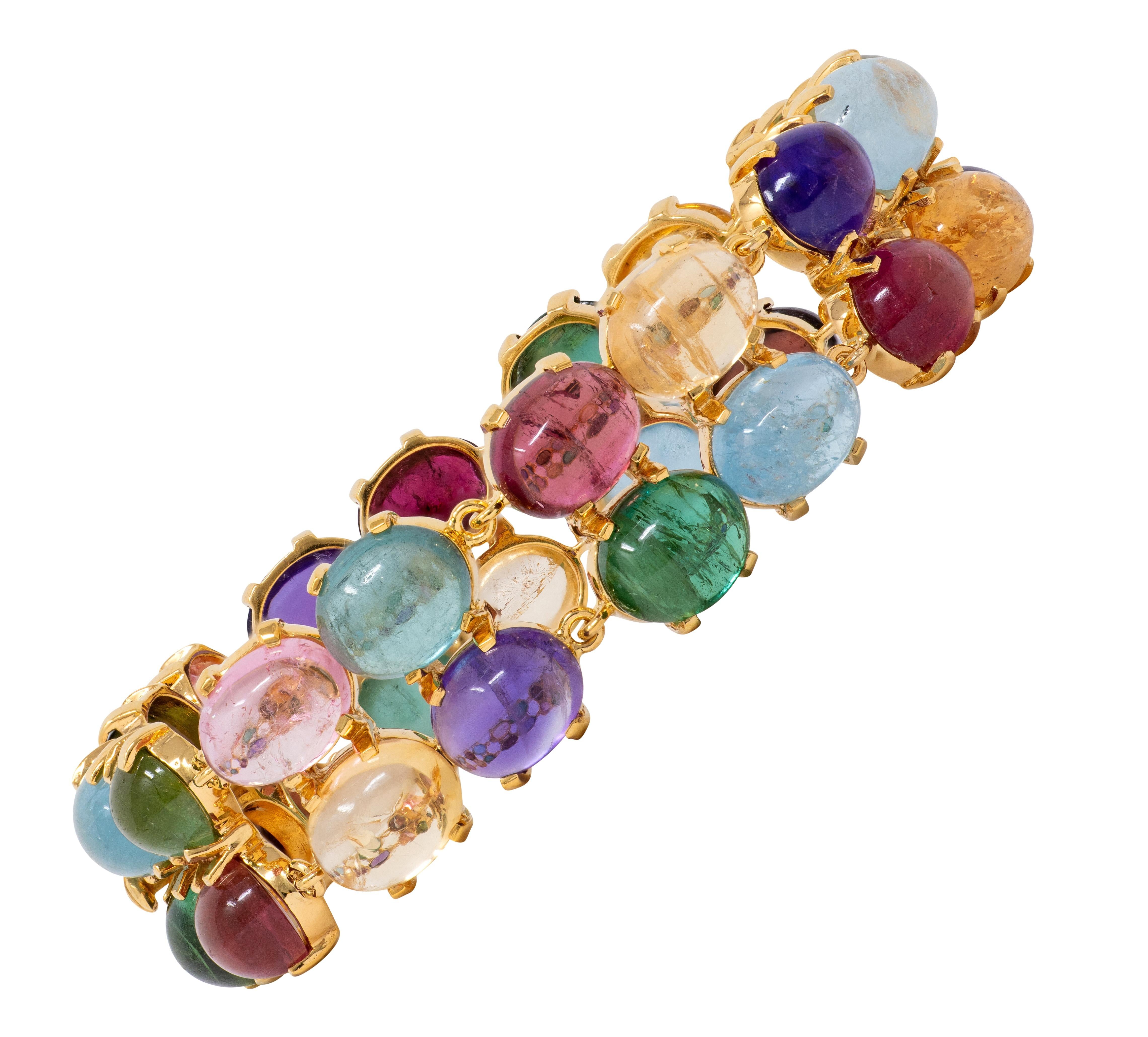 2000's Multi-Gem 14 Karat Yellow Gold Vintage Cabochon Link Bracelet