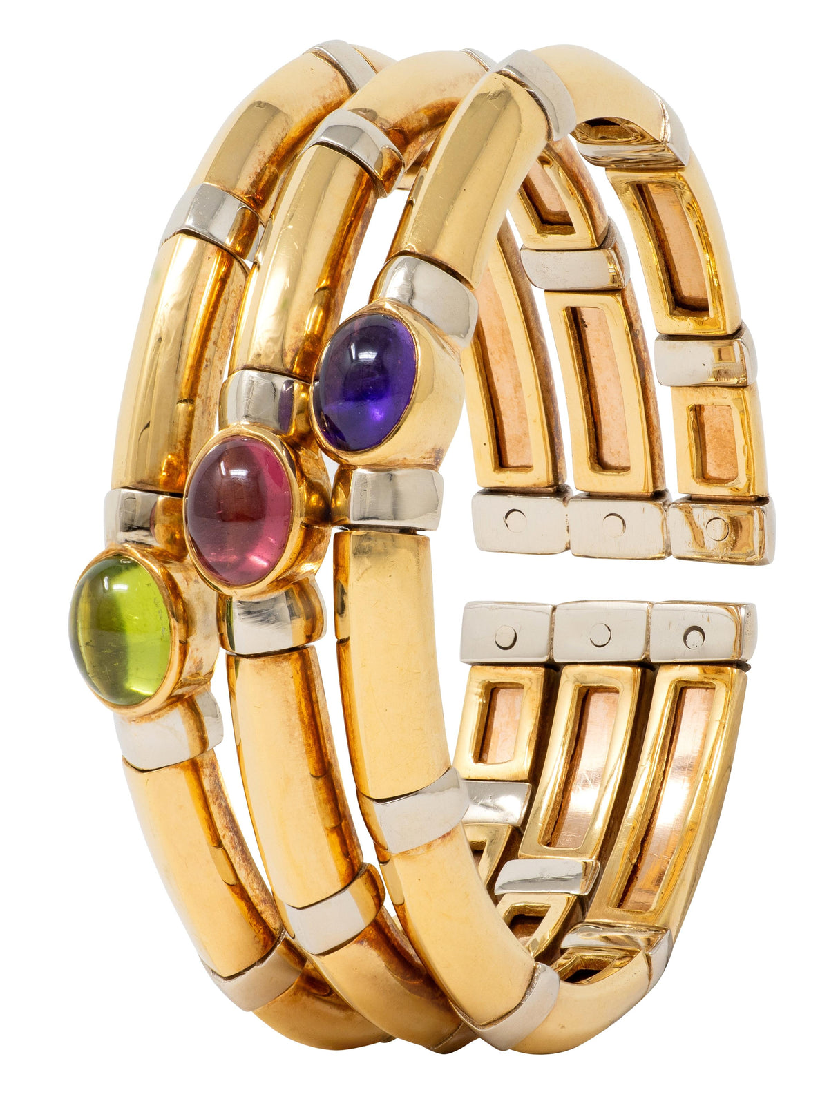 Bulgari 1970's Multi-Gem 18 Karat Gold Vintage Stacked Tri-Strand Cuff Bracelet