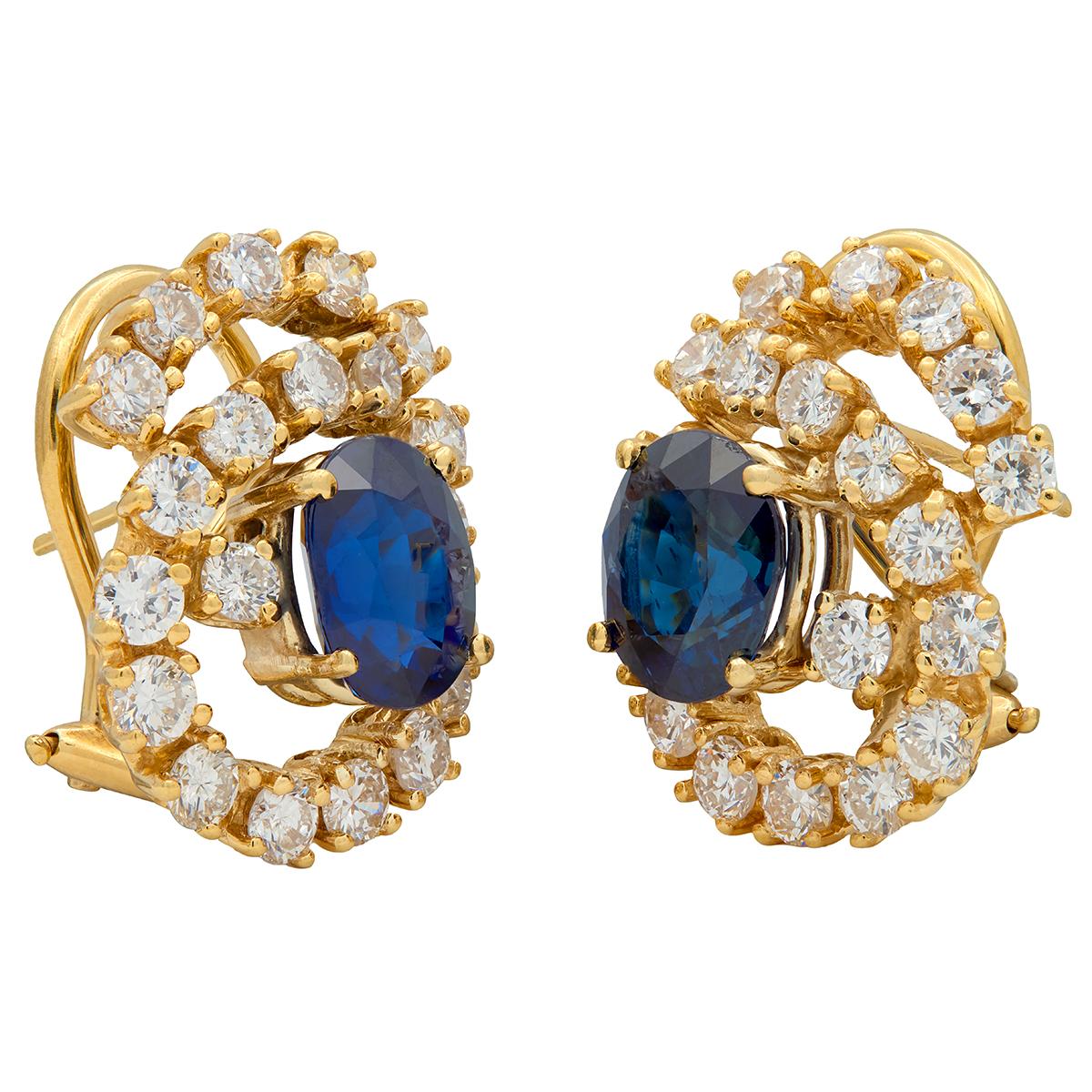 1990's 5.60 CTW Sapphire Diamond 18K Gold Vintage Swirling Halo Earrings