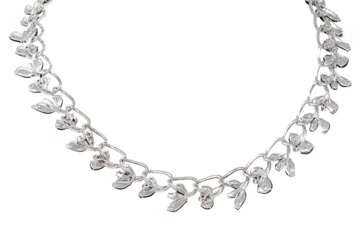 2000's Jade Diamond 18 Karat White Gold Contemporary Fanning Fancy Necklace