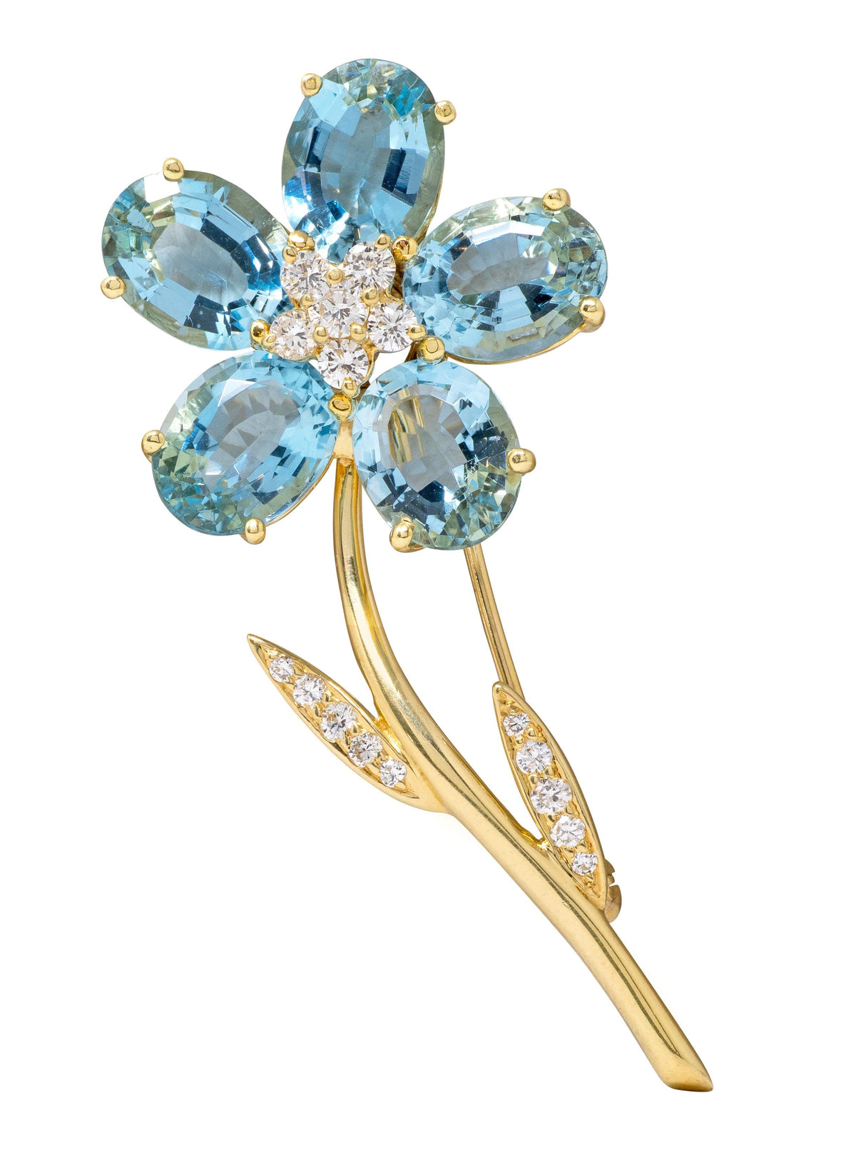 Tiffany & Co. Diamond Aquamarine 18 Karat Yellow Gold Vintage Flower Brooch