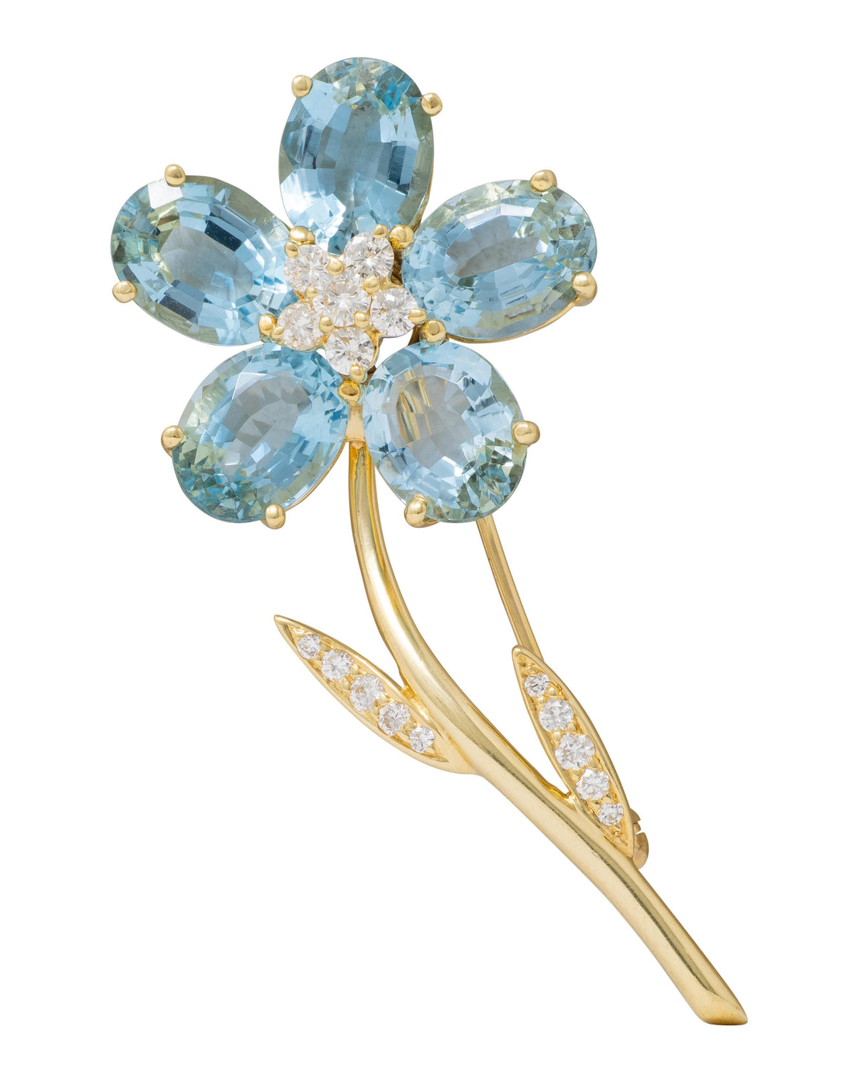 Tiffany & Co. Diamond Aquamarine 18 Karat Yellow Gold Vintage Flower Brooch
