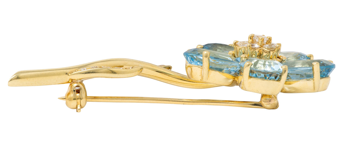 Tiffany & Co. Diamond Aquamarine 18 Karat Yellow Gold Vintage Flower Brooch