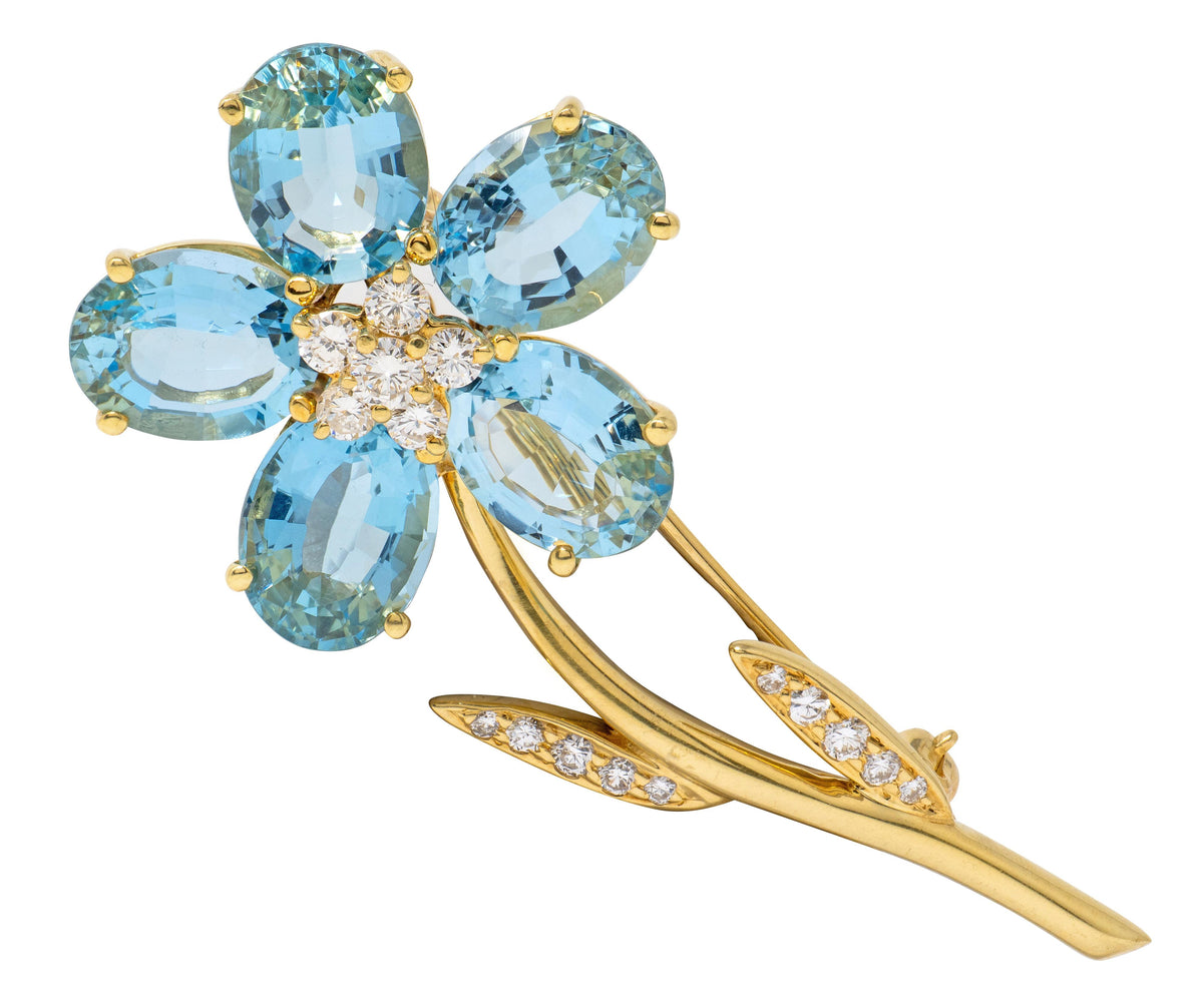 Tiffany & Co. Diamond Aquamarine 18 Karat Yellow Gold Vintage Flower Brooch