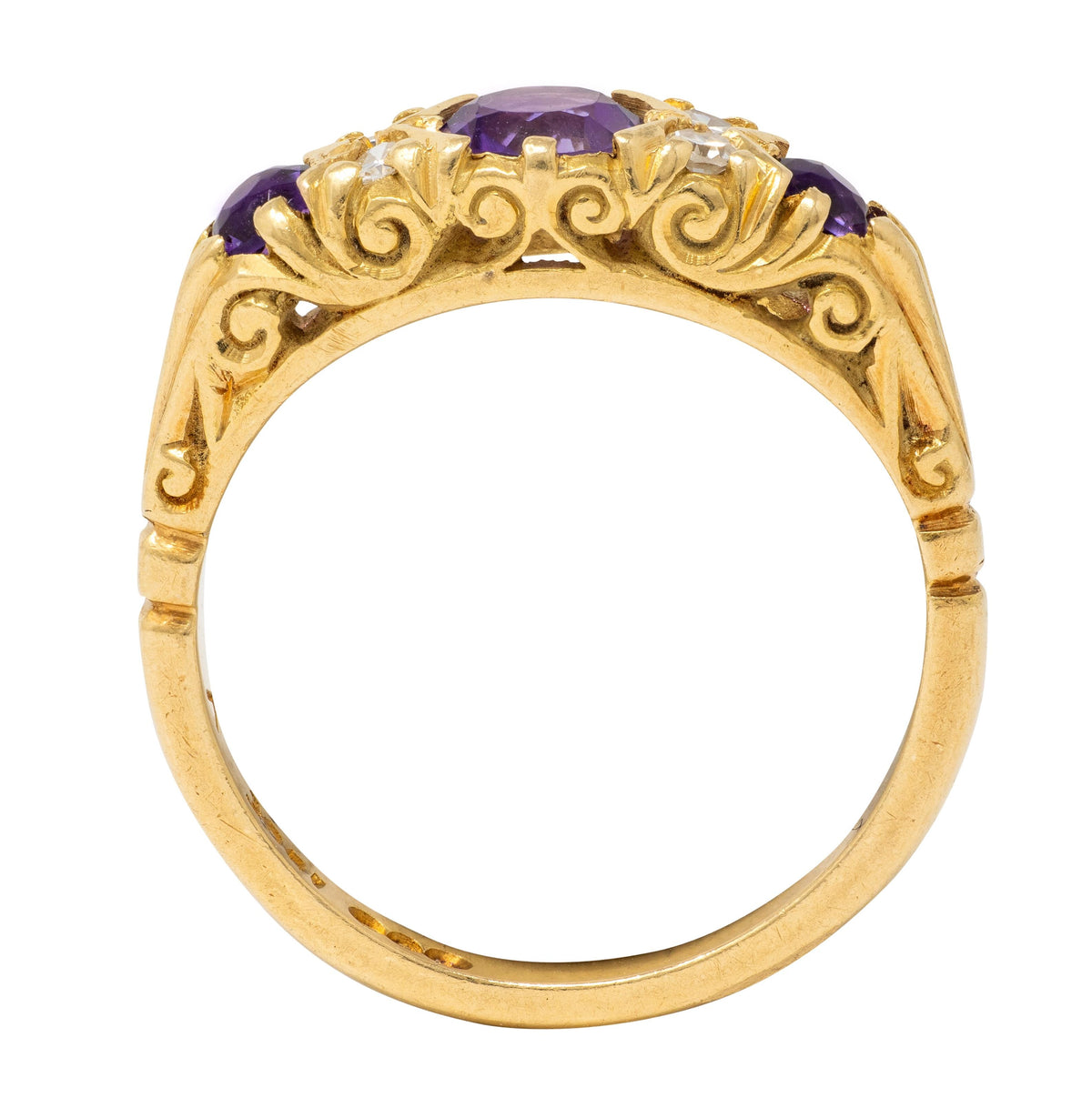 1960s Amethyst Diamond 18 Karat Yellow Gold Vintage Scrolling Ring