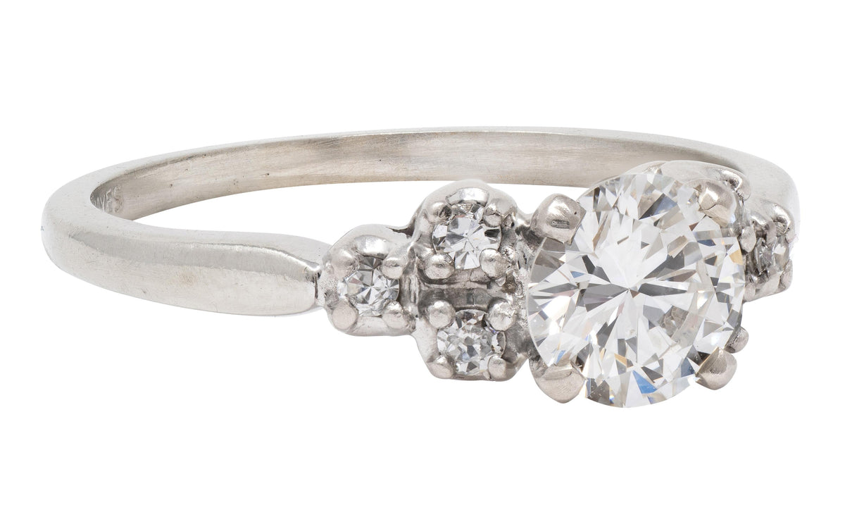 Mid-Century 0.95 CTW Diamond 18K White Gold Fishtail Vintage Engagement Ring