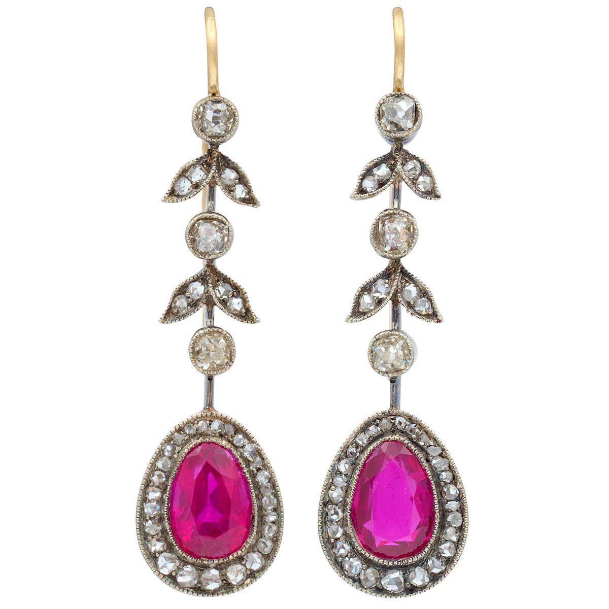 Victorian No Heat Burma Ruby Diamond Silver 14K Gold Antique Foliate Earrings
