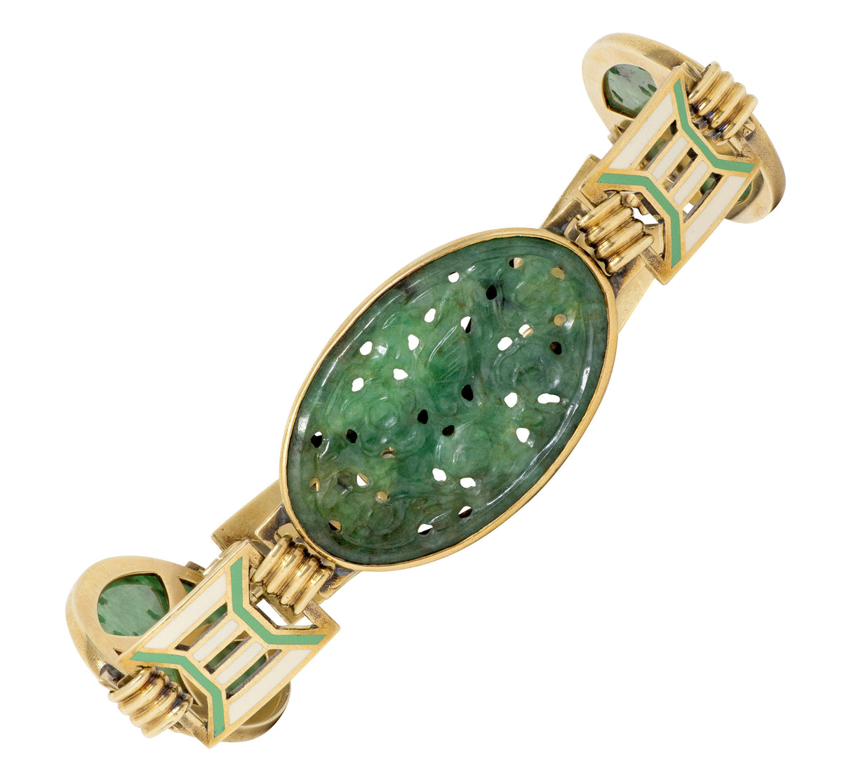 Art Deco Carved Jade Enamel 14 Karat Yellow Gold Fancy Link Vintage Bracelet