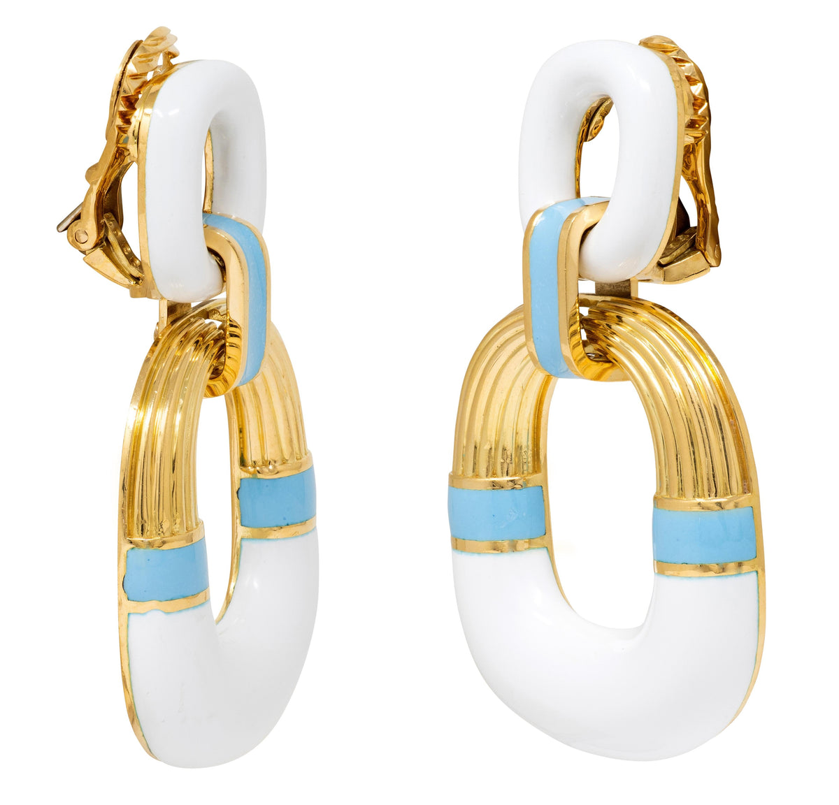 David Webb Contemporary Enamel 18K Gold Radiator Door Knocker Ear-Clip Earrings