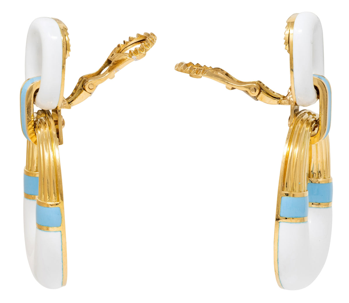 David Webb Contemporary Enamel 18K Gold Radiator Door Knocker Ear-Clip Earrings