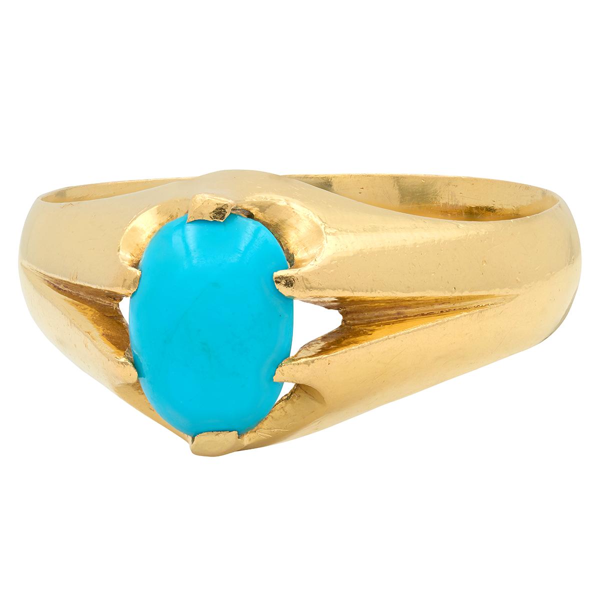 Victorian Turquoise 18 Karat Yellow Gold Antique Belcher Ring