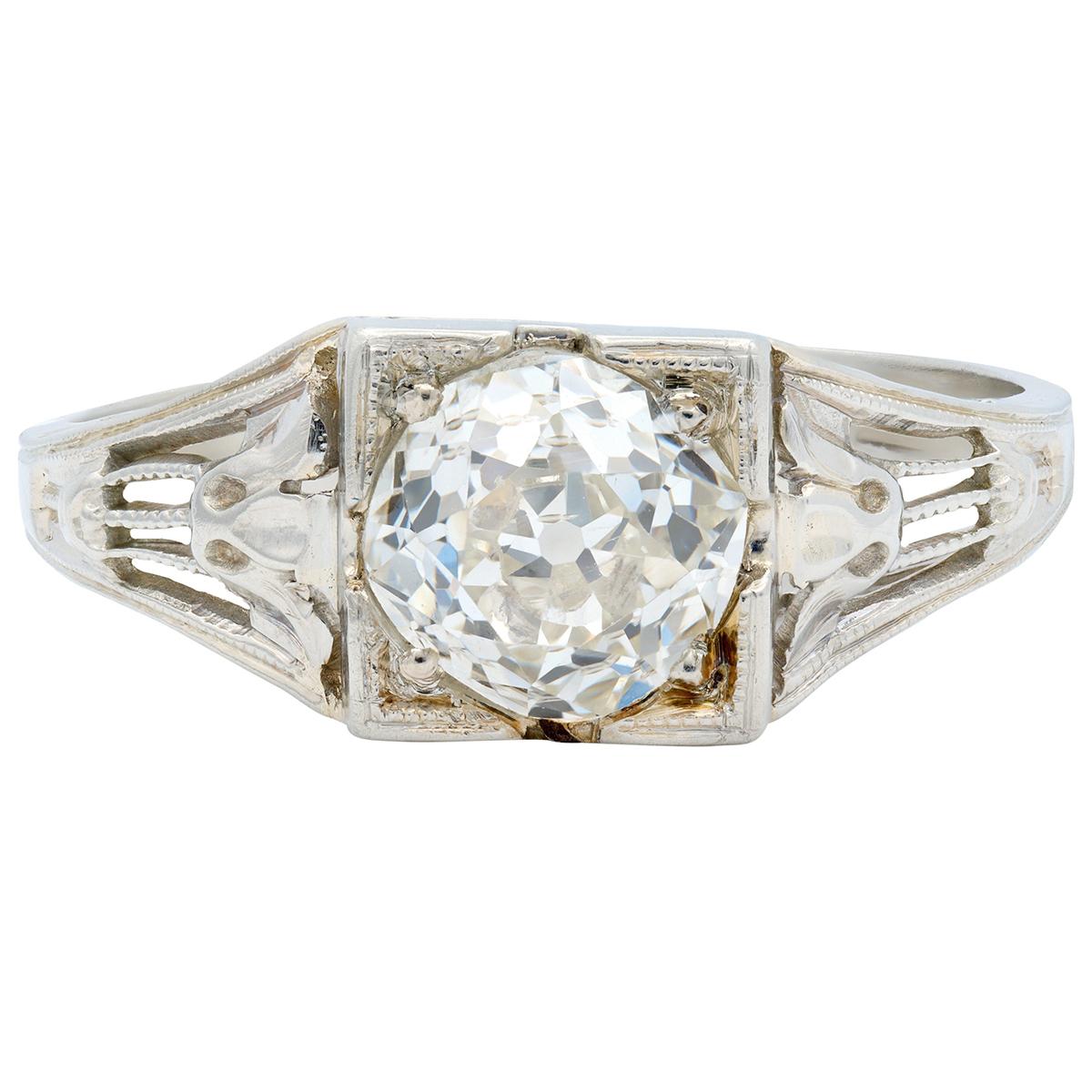 Art Deco Old Mine Diamond 18 Karat White Gold Antique Lotus Engagement Ring GIA