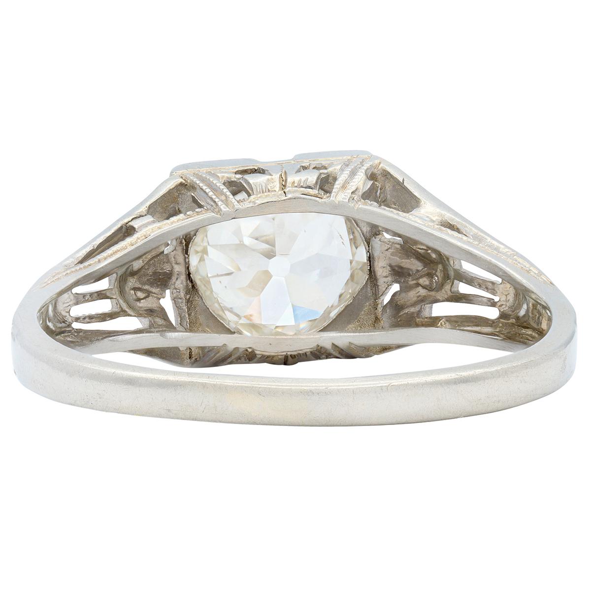 Art Deco Old Mine Diamond 18 Karat White Gold Antique Lotus Engagement Ring GIA
