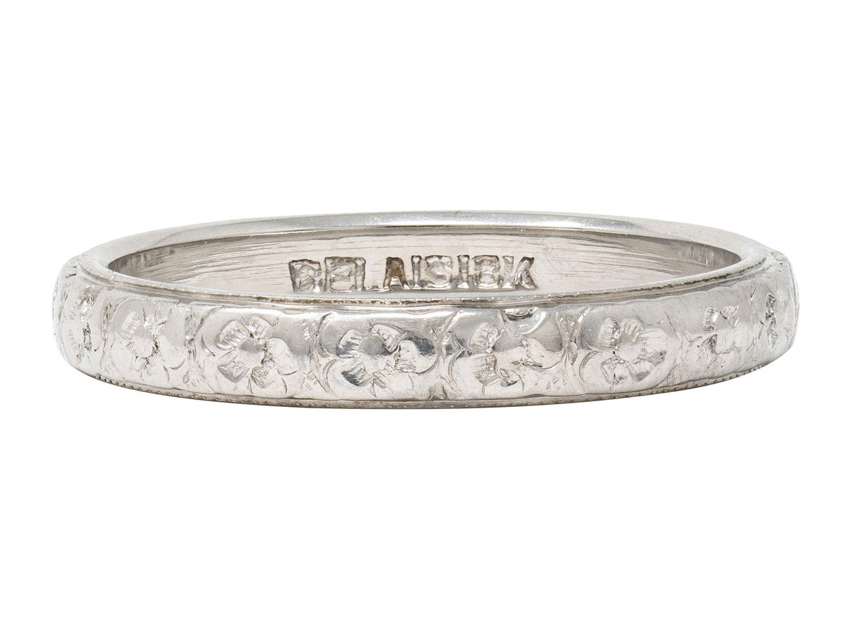 Belais Art Deco 18 Karat White Gold Vintage Orange Blossom Wedding Band Ring