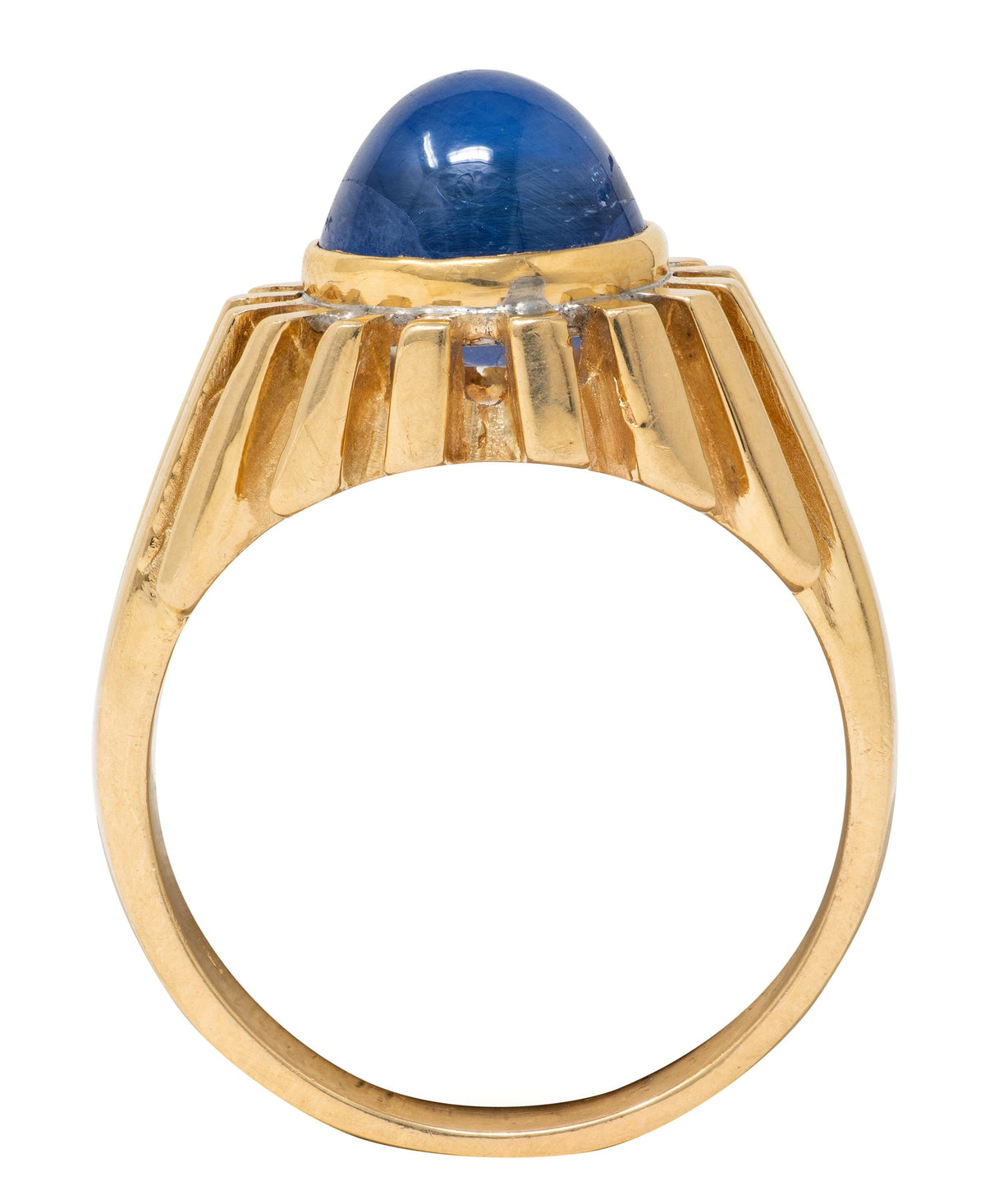 1980's 6.55 Carat Blue Sapphire 14 Karat Yellow Gold Vintage Grooved Unisex Ring