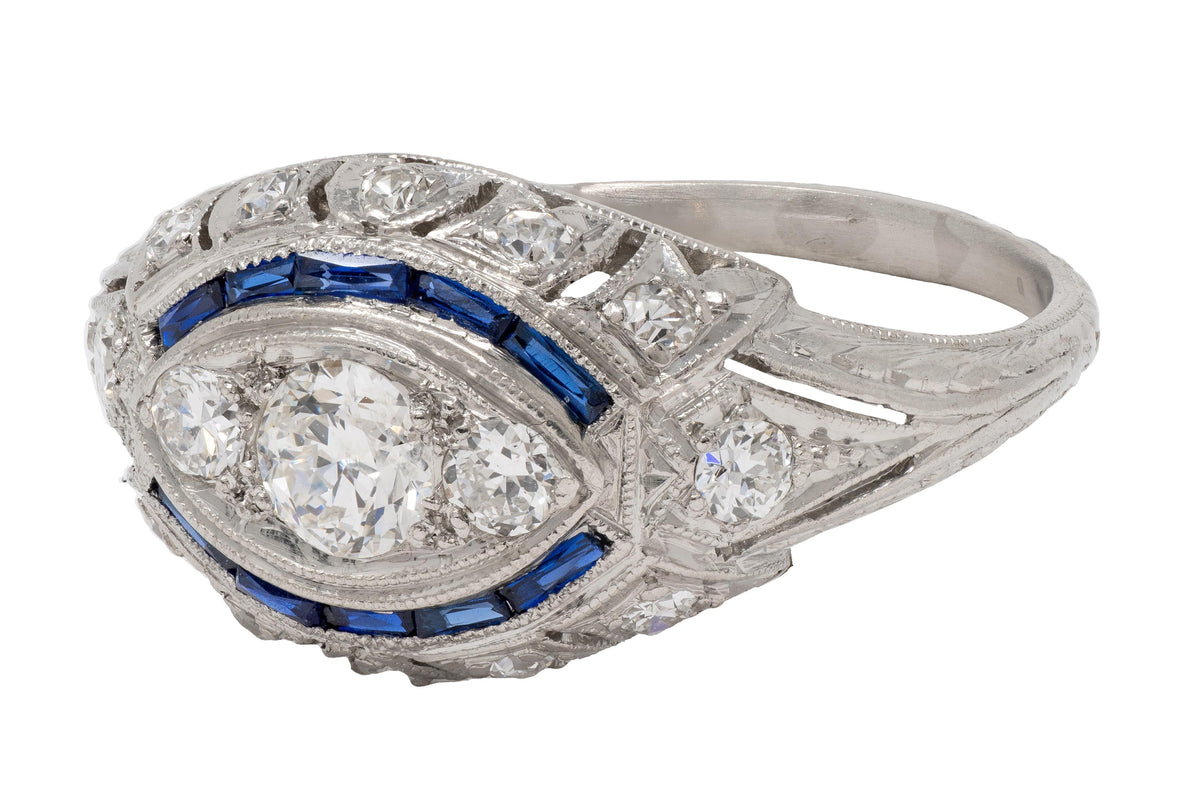 Katz Ogush Art Deco European Diamond Platinum Vintage Foliate Bombé Dinner Ring