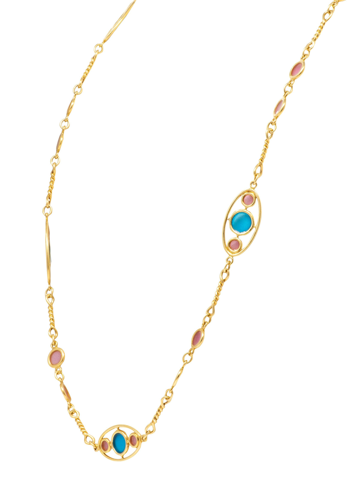 1980's Plique-Á-Jour Enamel 18K Yellow Gold Vintage Fancy Link Station Necklace