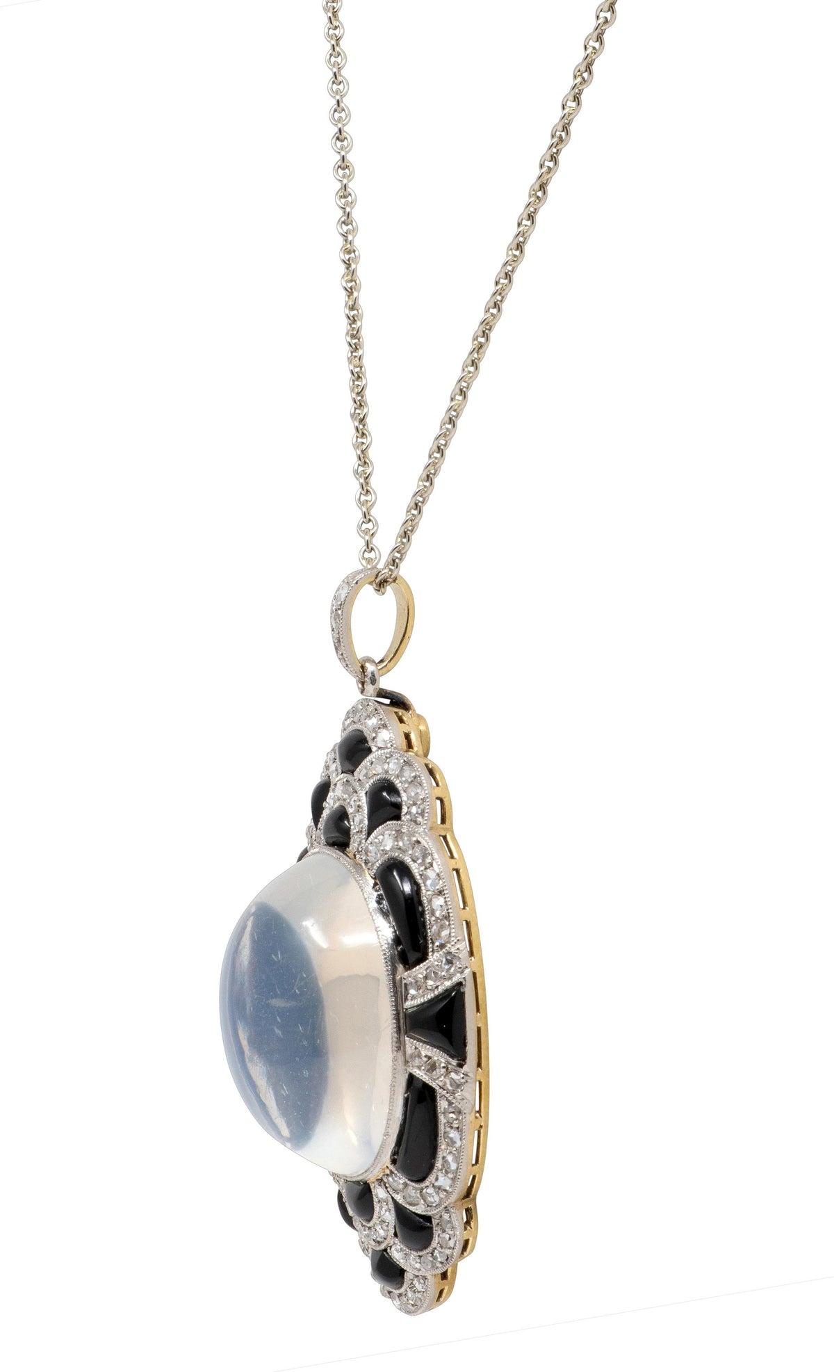 Art Deco Moonstone Diamond Onyx 14K Gold Platinum Vintage Pendant Necklace