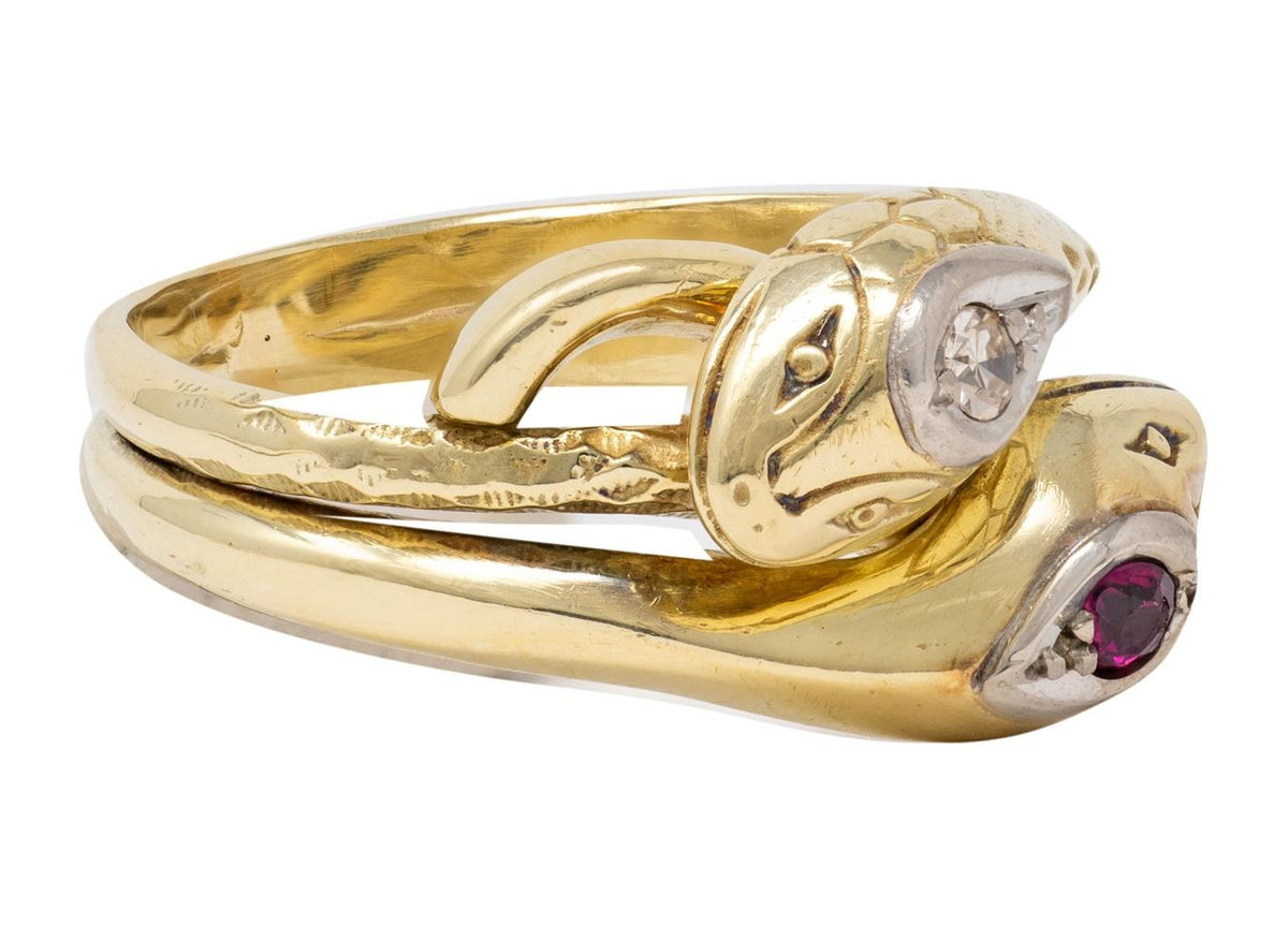 Vintage Ruby Diamond 14 Karat Two-Tone Gold Lovers Knot Unisex Snake Band Ring