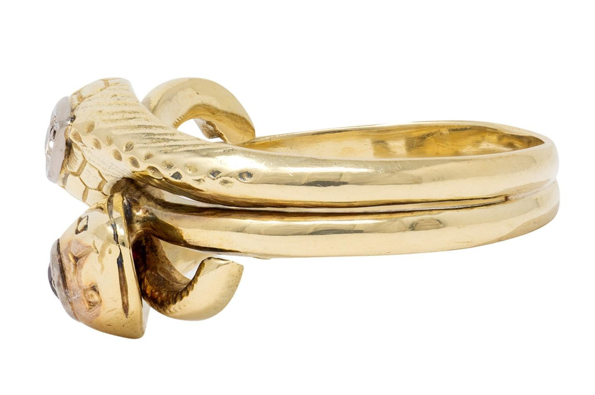 Vintage Ruby Diamond 14 Karat Two-Tone Gold Lovers Knot Unisex Snake Band Ring
