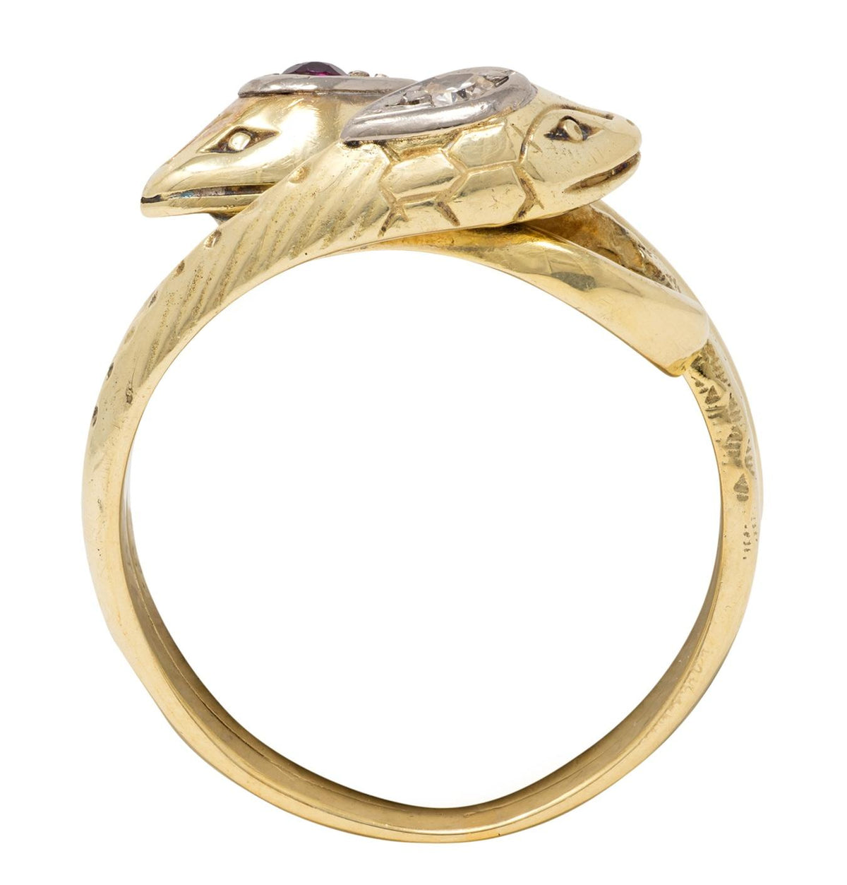 Vintage Ruby Diamond 14 Karat Two-Tone Gold Lovers Knot Unisex Snake Band Ring