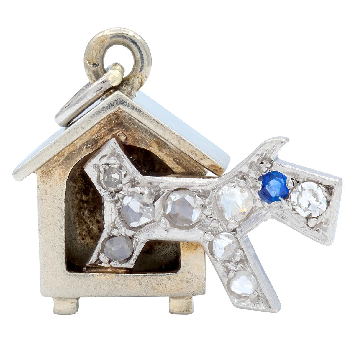 French 1930's Diamond Sapphire 18K White Gold Platinum Vintage Dog House Charm