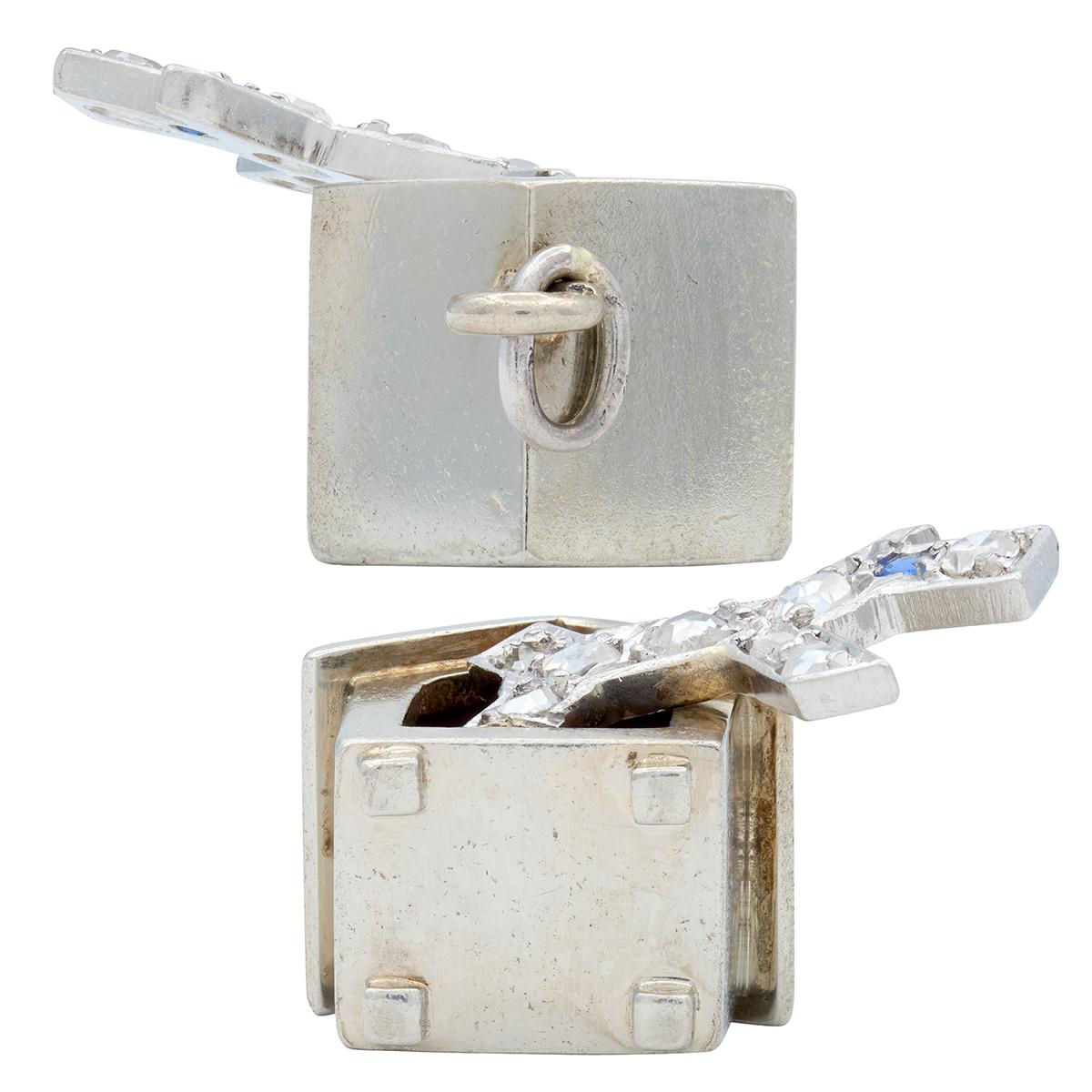 French 1930's Diamond Sapphire 18K White Gold Platinum Vintage Dog House Charm