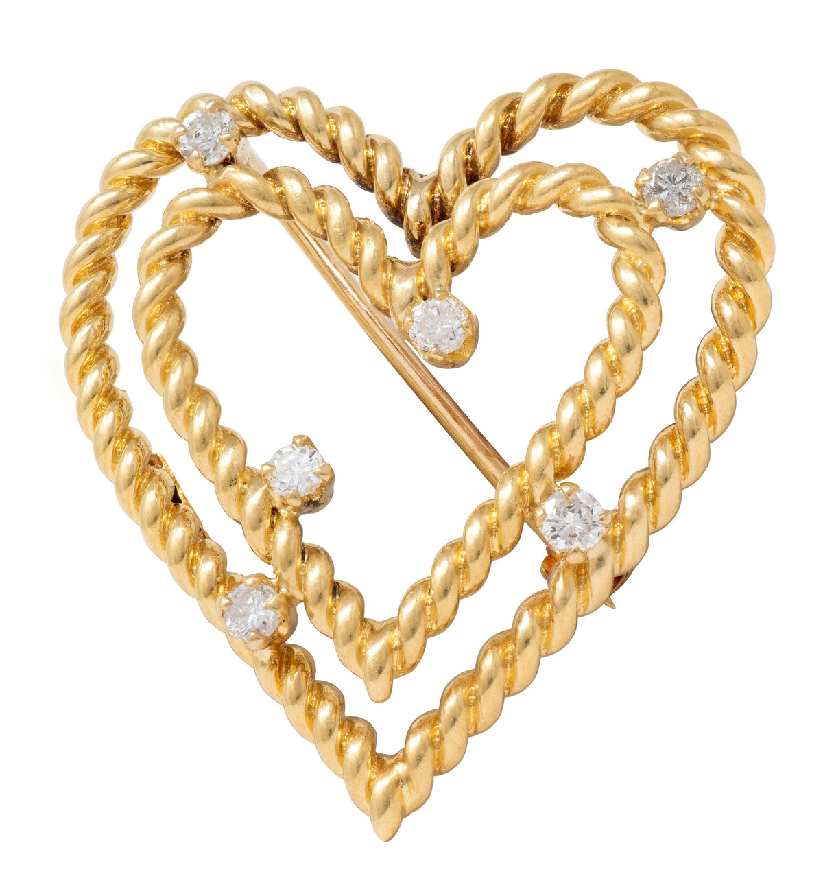 Tiffany & Co. 1960's Diamond 18 Karat Gold Vintage Twisted Rope Heart Brooch