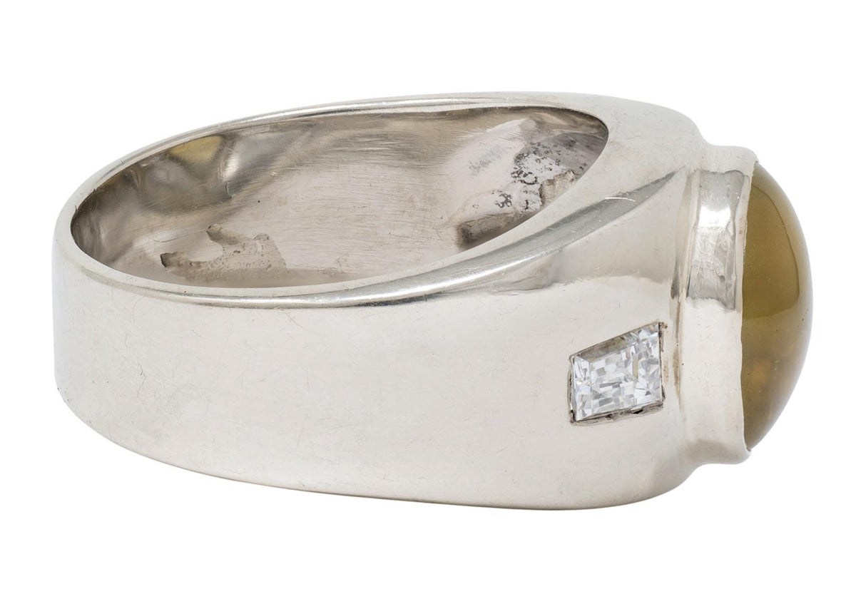 1960's Cat's Eye Chrysoberyl Diamond 14 Karat White Gold Three Unisex Stone Ring