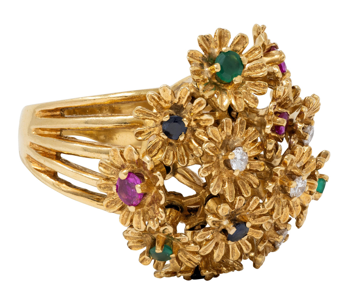 1960's Multi-Gem 18 Karat Yellow Gold Vintage En Tremblant Flower Ring