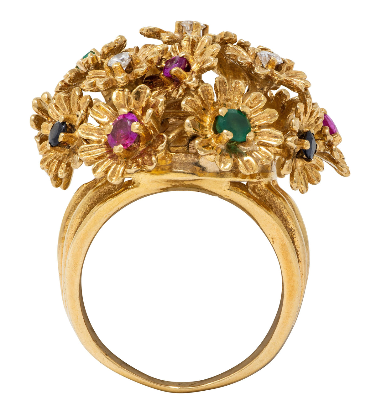 1960's Multi-Gem 18 Karat Yellow Gold Vintage En Tremblant Flower Ring