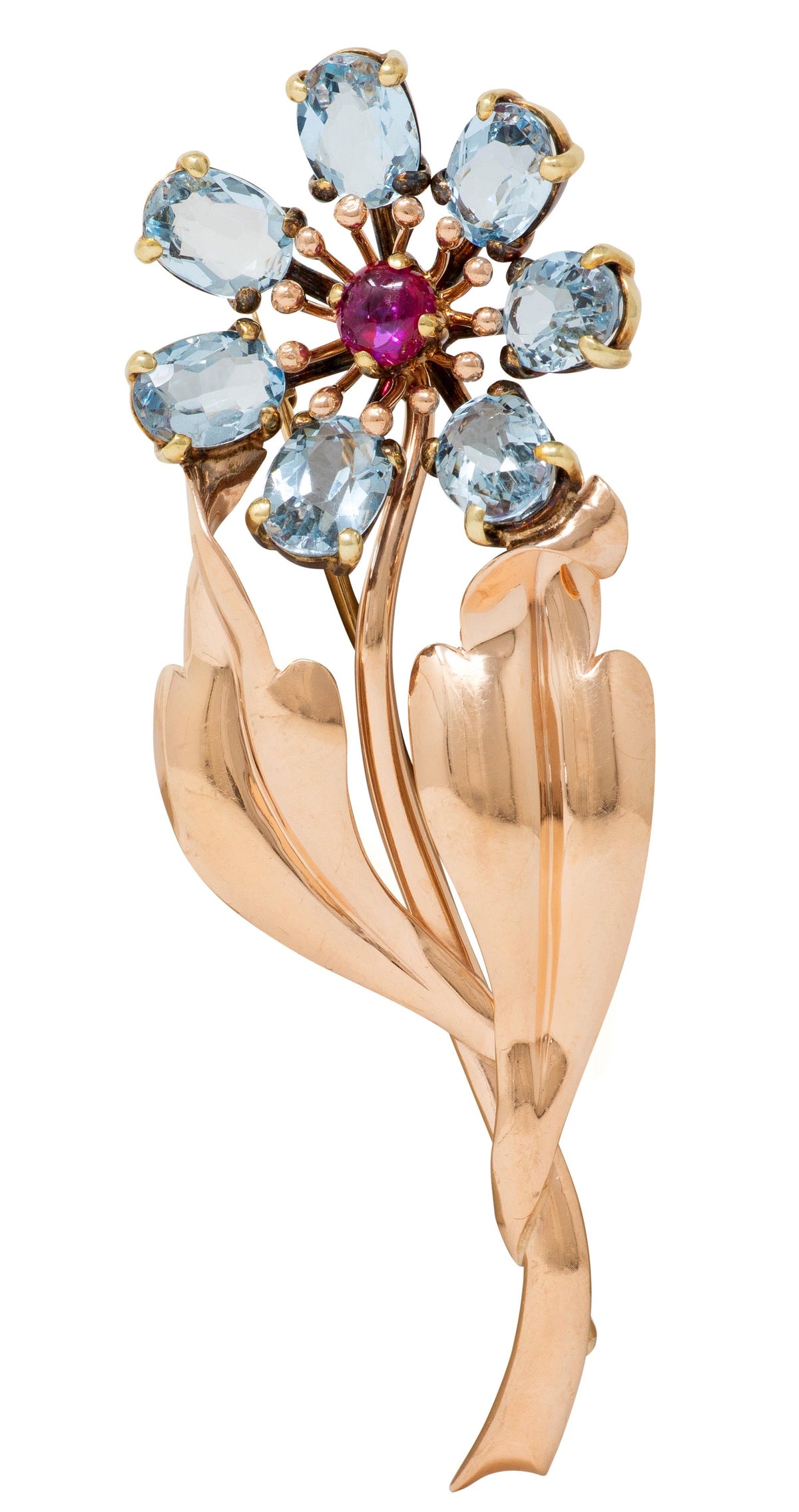 Retro 7.80 CTW Aquamarine Ruby 14 Karat Two-Tone Gold Vintage Flower Brooch