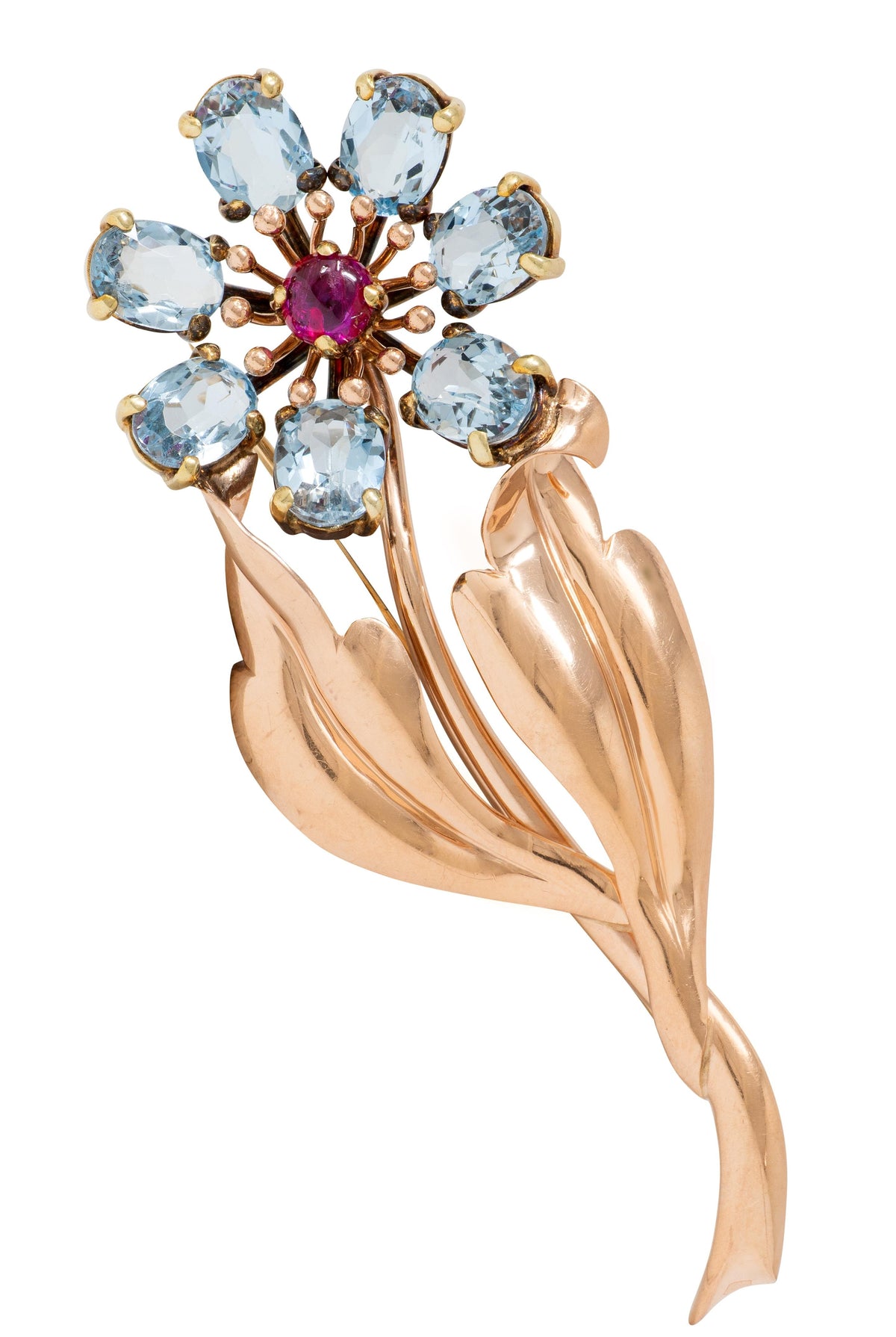 Retro 7.80 CTW Aquamarine Ruby 14 Karat Two-Tone Gold Vintage Flower Brooch