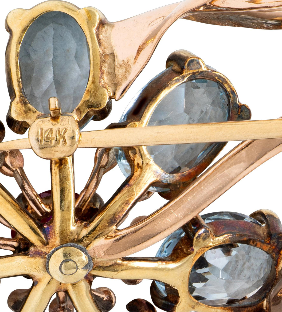 Retro 7.80 CTW Aquamarine Ruby 14 Karat Two-Tone Gold Vintage Flower Brooch