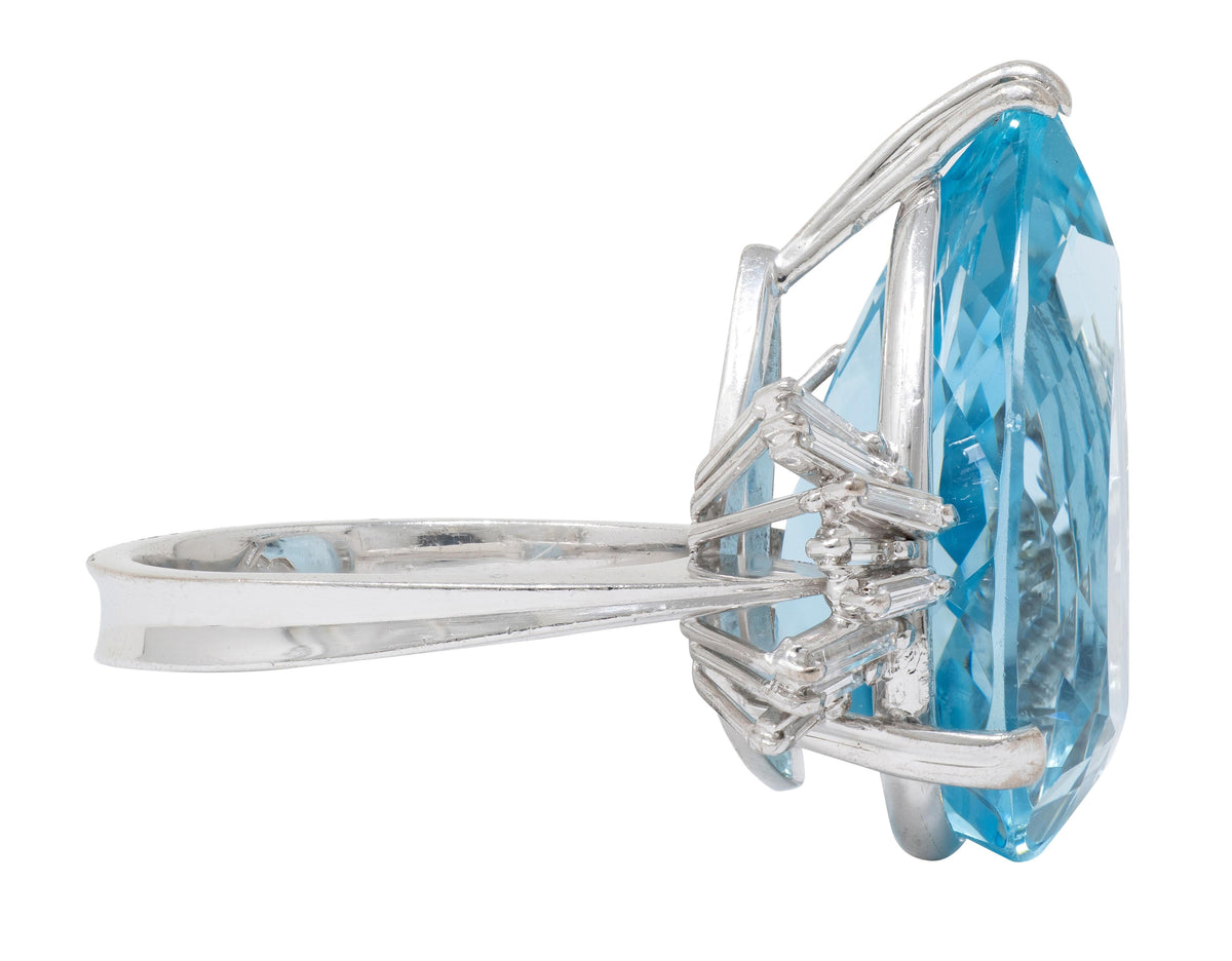 Mid-Century Diamond Aquamarine 18 Karat White Gold Vintage Spray Cocktail Ring