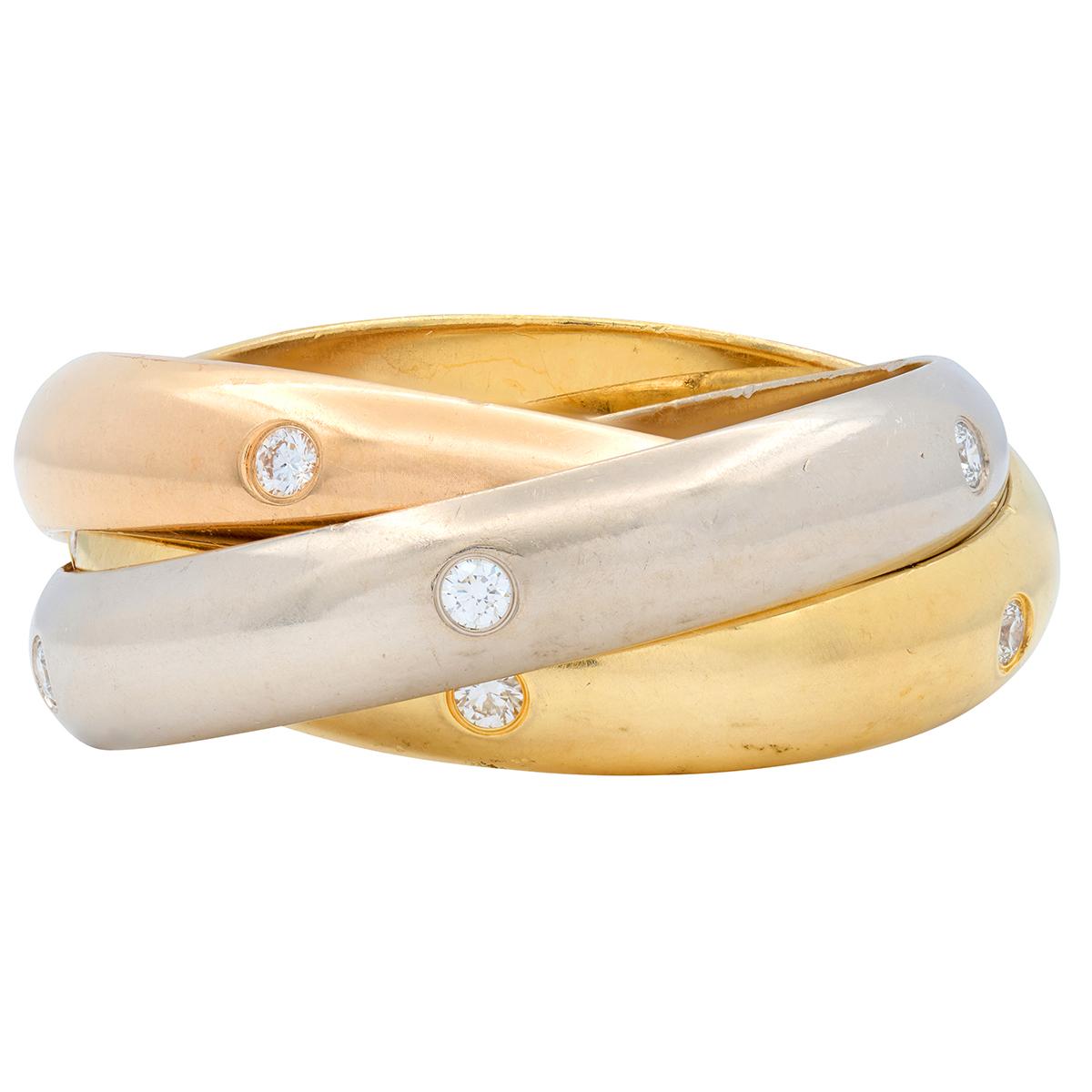 Cartier 1990's Diamond 18K Tri-Colored Gold Vintage Trinity Rolling Band Ring