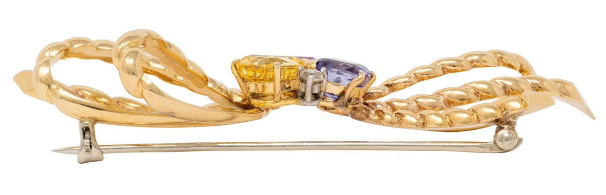 1960's Diamond Sapphire 14K Yellow Gold Platinum Vintage Twisted Bow Brooch