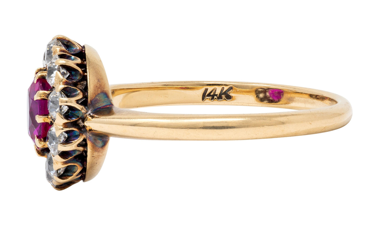 Victorian 1.25 CTW Pink Sapphire Diamond 14 Karat Yellow Gold Antique Halo Ring