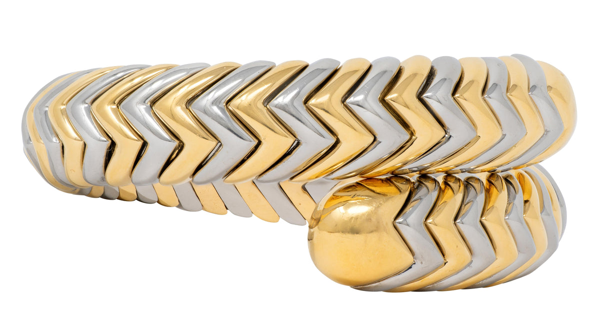 Bulgari 18K Yellow Gold Stainless Steel Spiga Chevron Vintage Bangle Bracelet