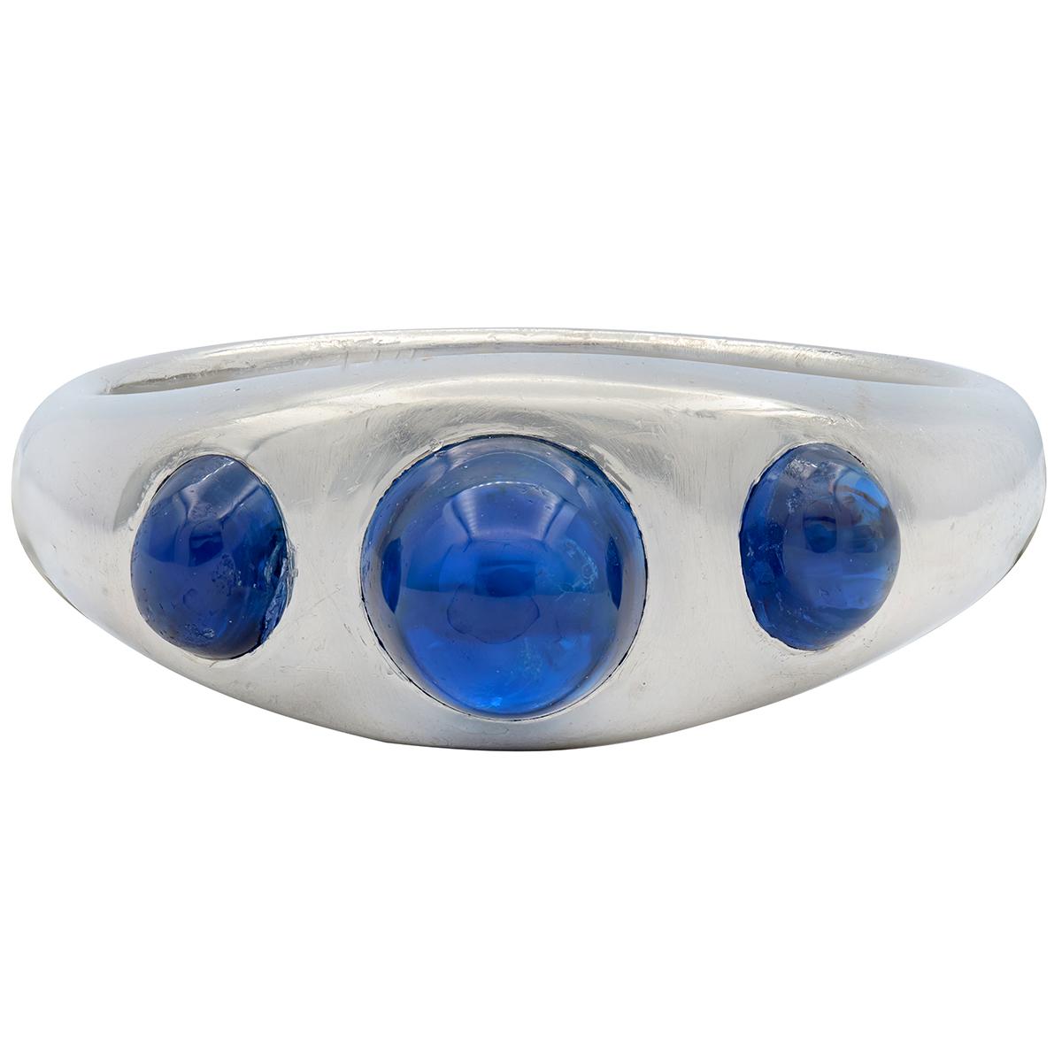 Art Deco 1.66 CTW Sapphire Cabochon Platinum Vintage Three Stone Ring