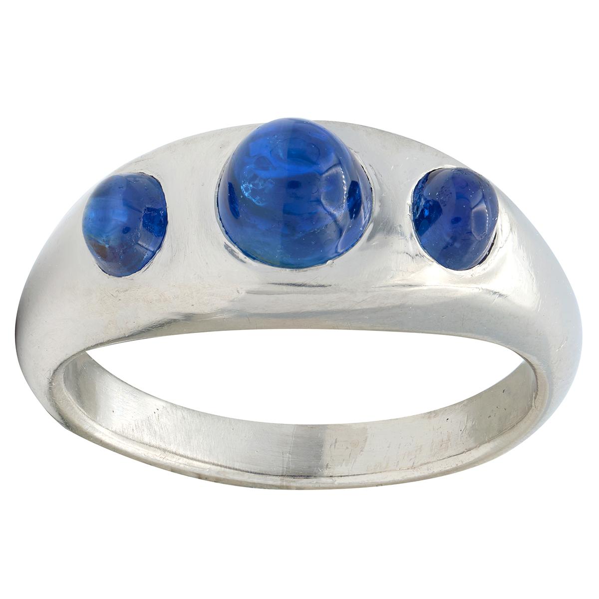 Art Deco 1.66 CTW Sapphire Cabochon Platinum Vintage Three Stone Ring