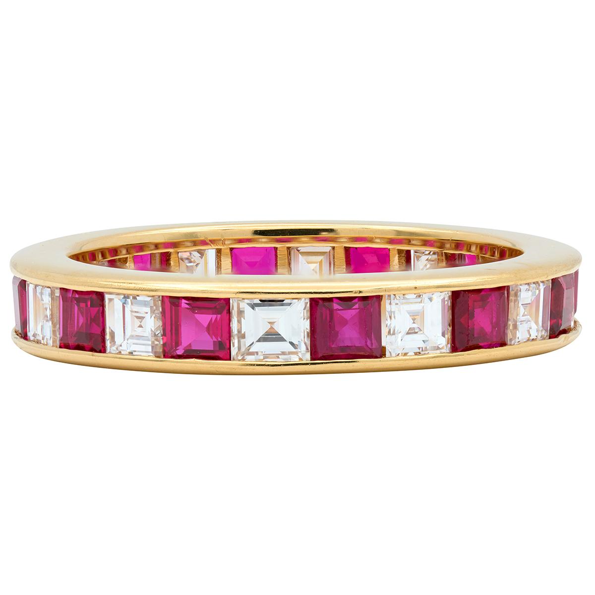 Contemporary 2.64 CTW Diamond Ruby 18 Karat Yellow Gold Channel Band Ring