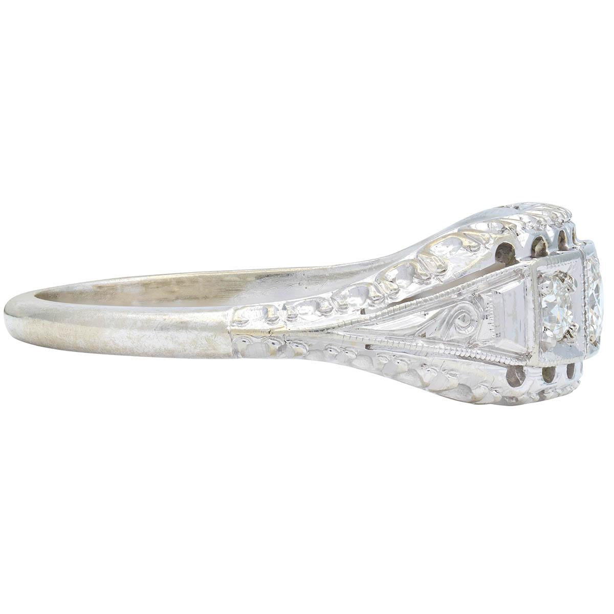 Jabel Mid-Century Diamond 18 Karat White Gold Vintage Fishtail Bombé Ring