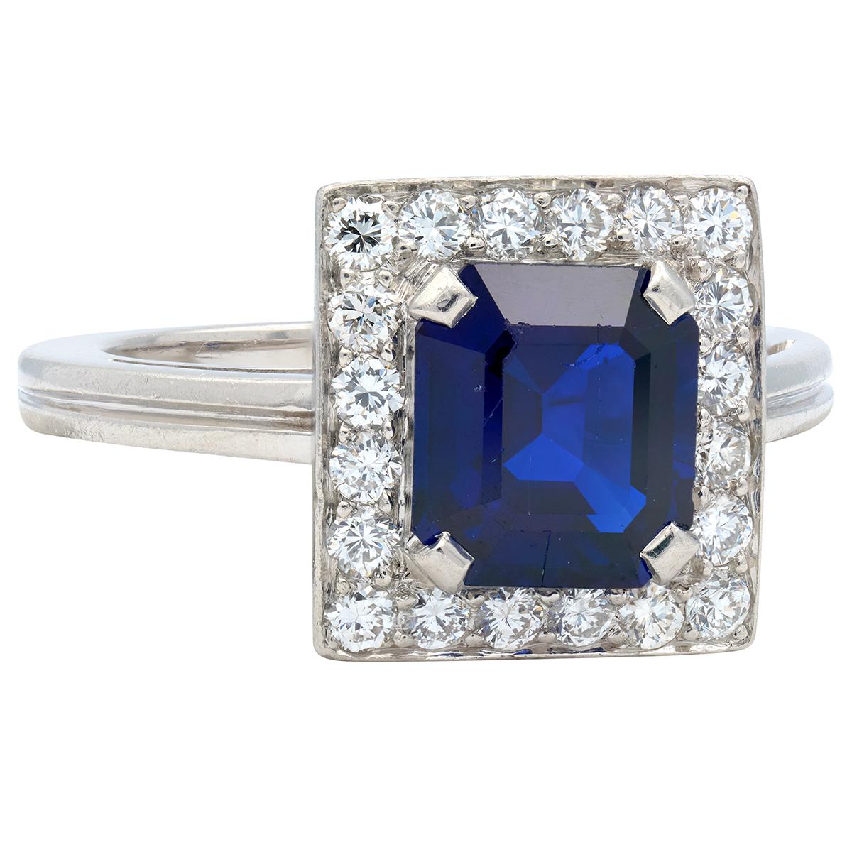 Tiffany & Co. Mid-Century No Heat Sapphire Diamond Platinum Vintage Halo Ring